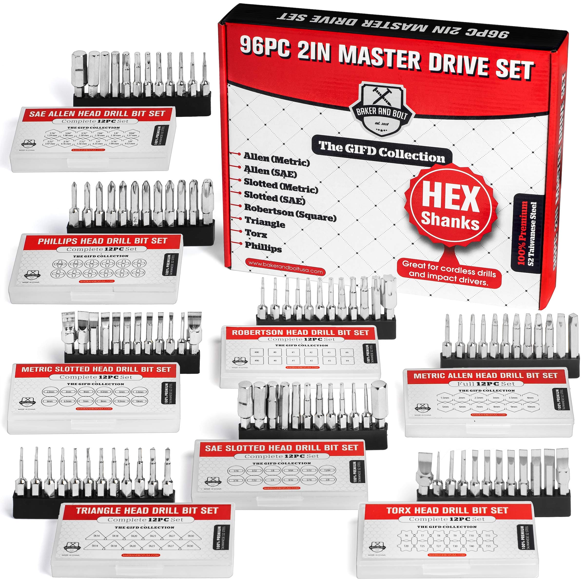 96pc Master Screwdriver Bit Set- Full Driver Set- Phillips, Robertson, Allen (Metric), Allen (SAE), TORX, Slotted (SAE), Slotted (Metric)- Magnetic Hex Shank Drill Bits- The Full GIFD Collection