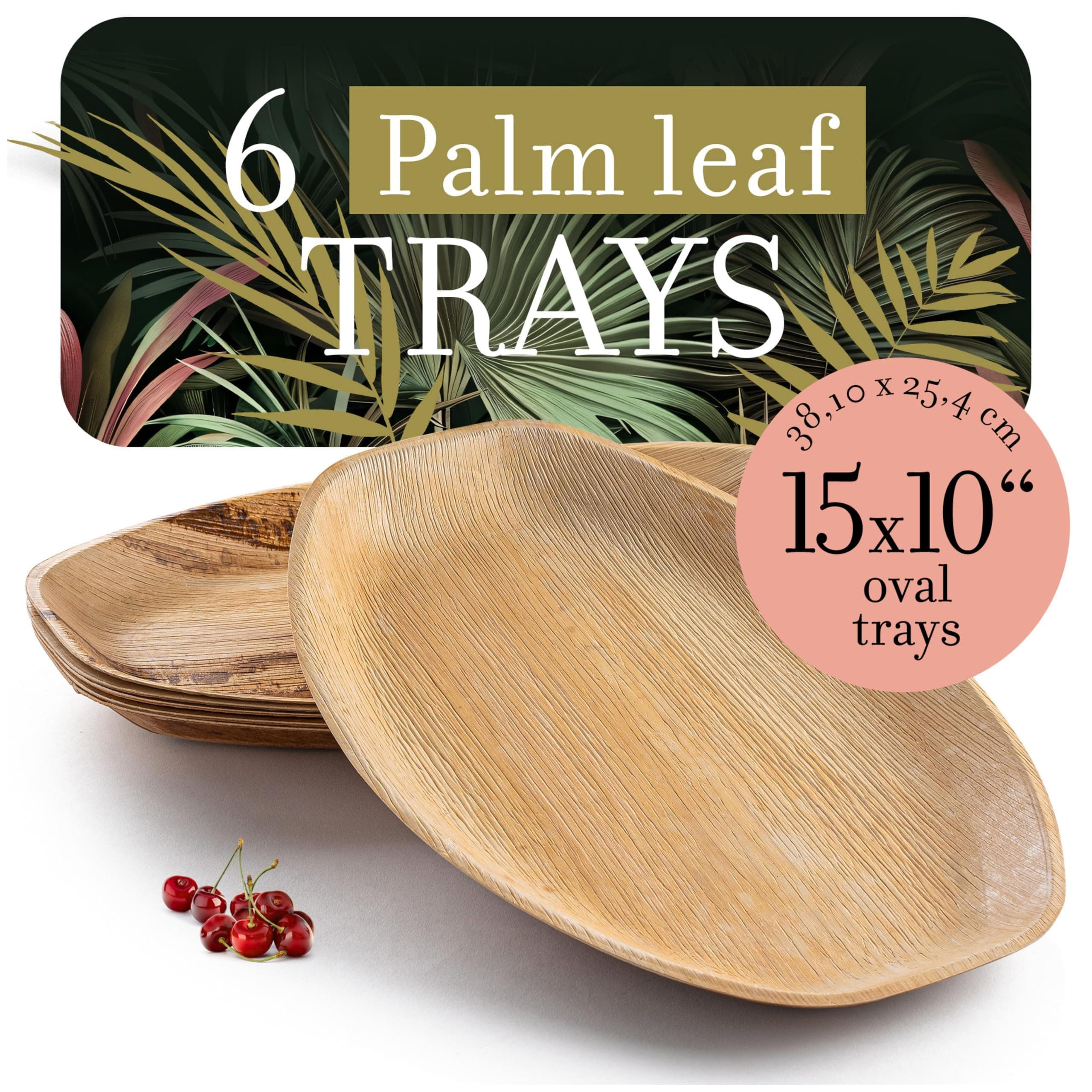 brheez Disposable Bamboo Look - Pack of 6 Oval Serving Platters - 15"x10" Made From All Natural Sturdy Biodegradable and Compostable Palm Leaf - Serving Boats, Serving Trays