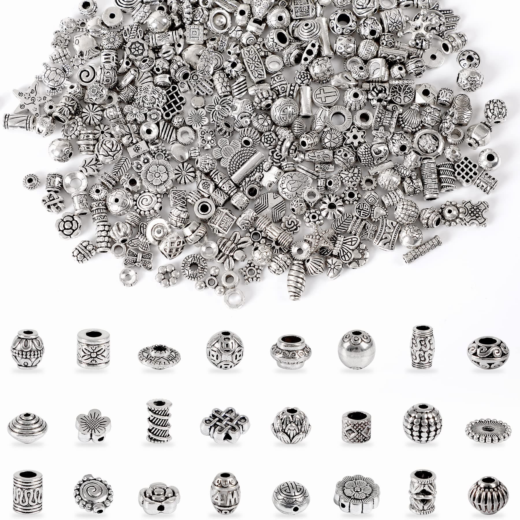 UPINS 300Pcs Silver Spacer Beads for Jewelry Making Metal Tibetan Antique Beads Bracelet Necklace Crafts Alloy Loose Beads with Radom Styles for DIY