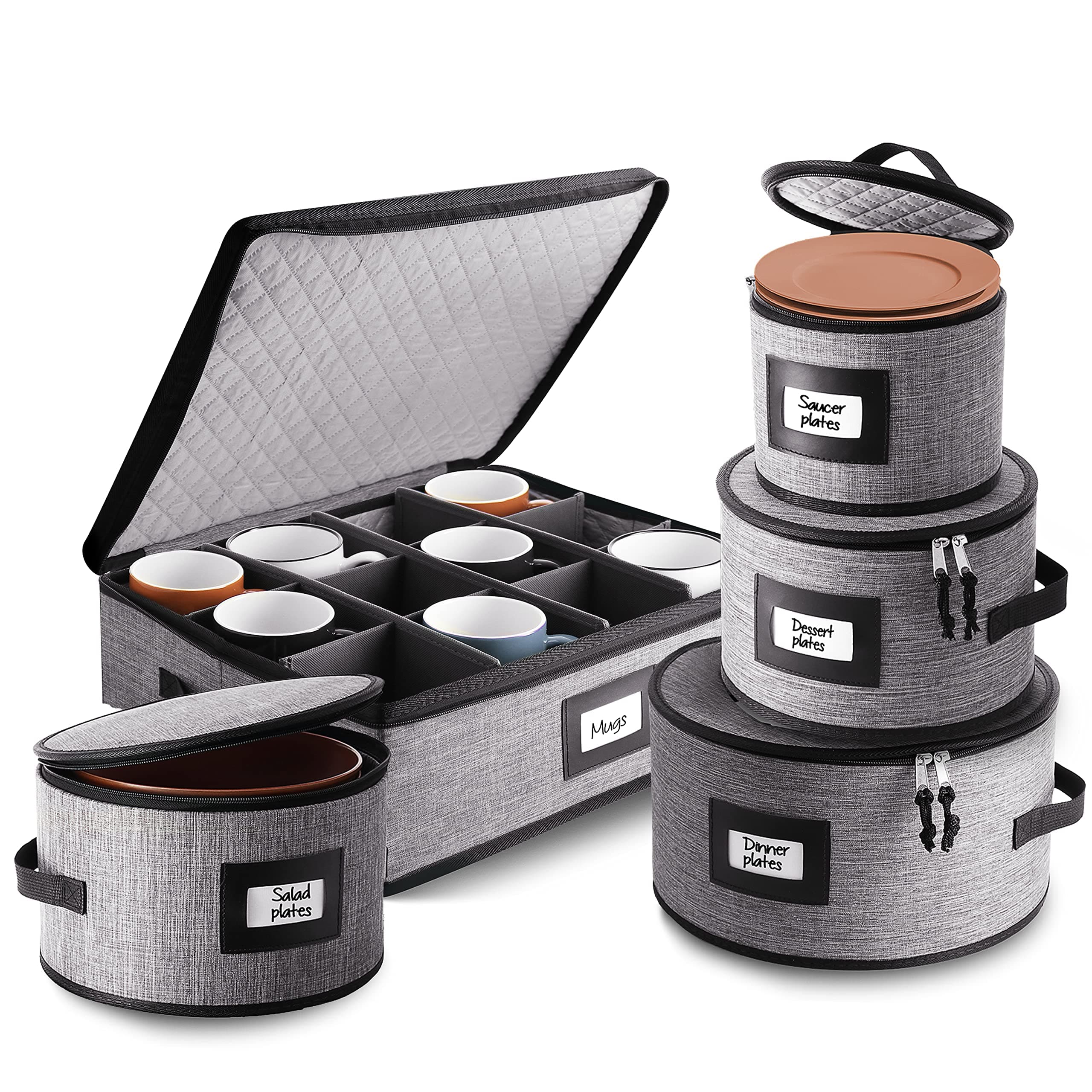 Fine China Hard Shell Dish Organizer - 5 Piece Stackable Mug and Plate Storage Containers with Dividers for Moving and Seasonal Storage