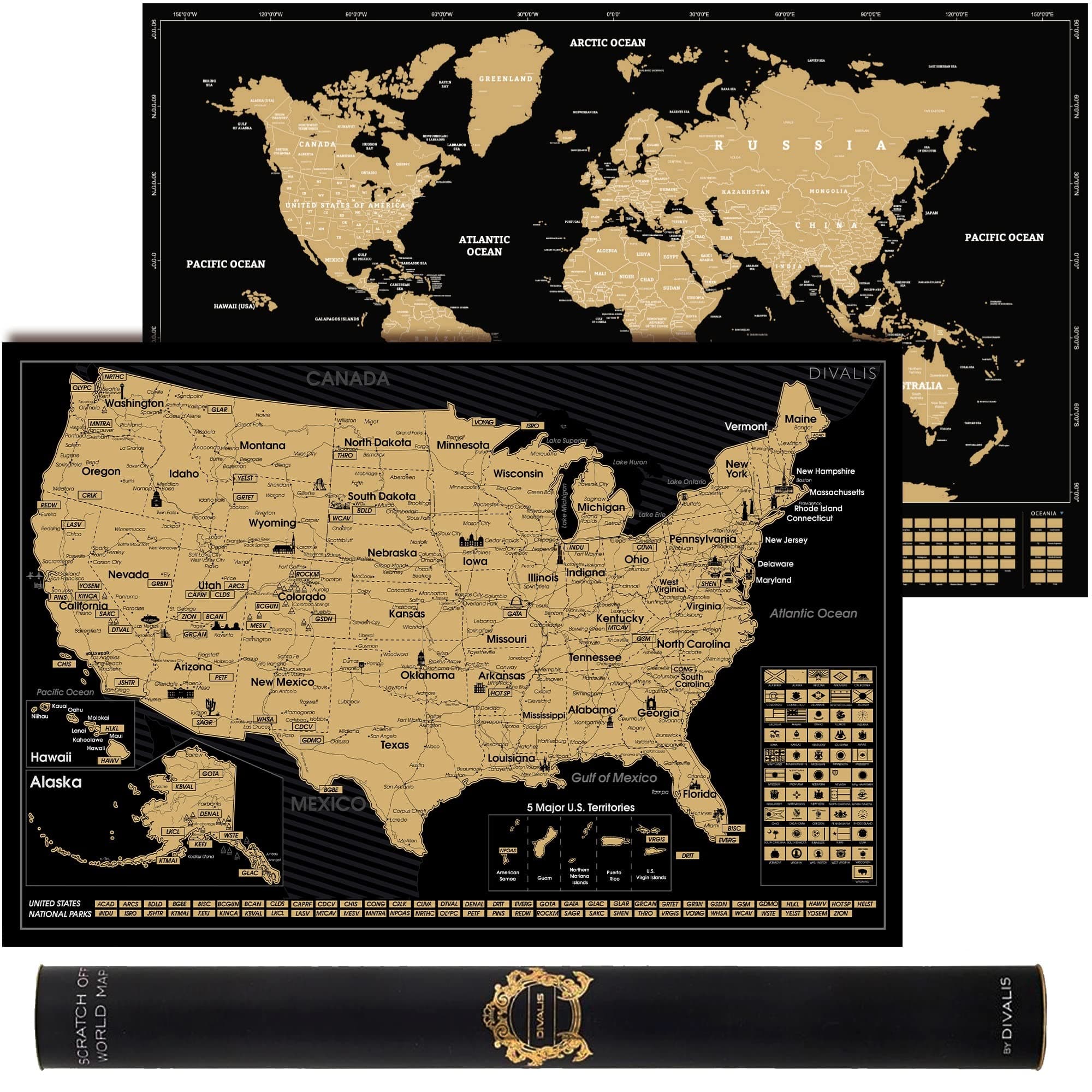 Divalis 2 in 1 Gift Set - Scratch Off World Map and Scratch Off US Map - Easy to Frame Scratchable World and United States of America Posters - Globetrotters Wall Map - Black and Gold Travel Tracker