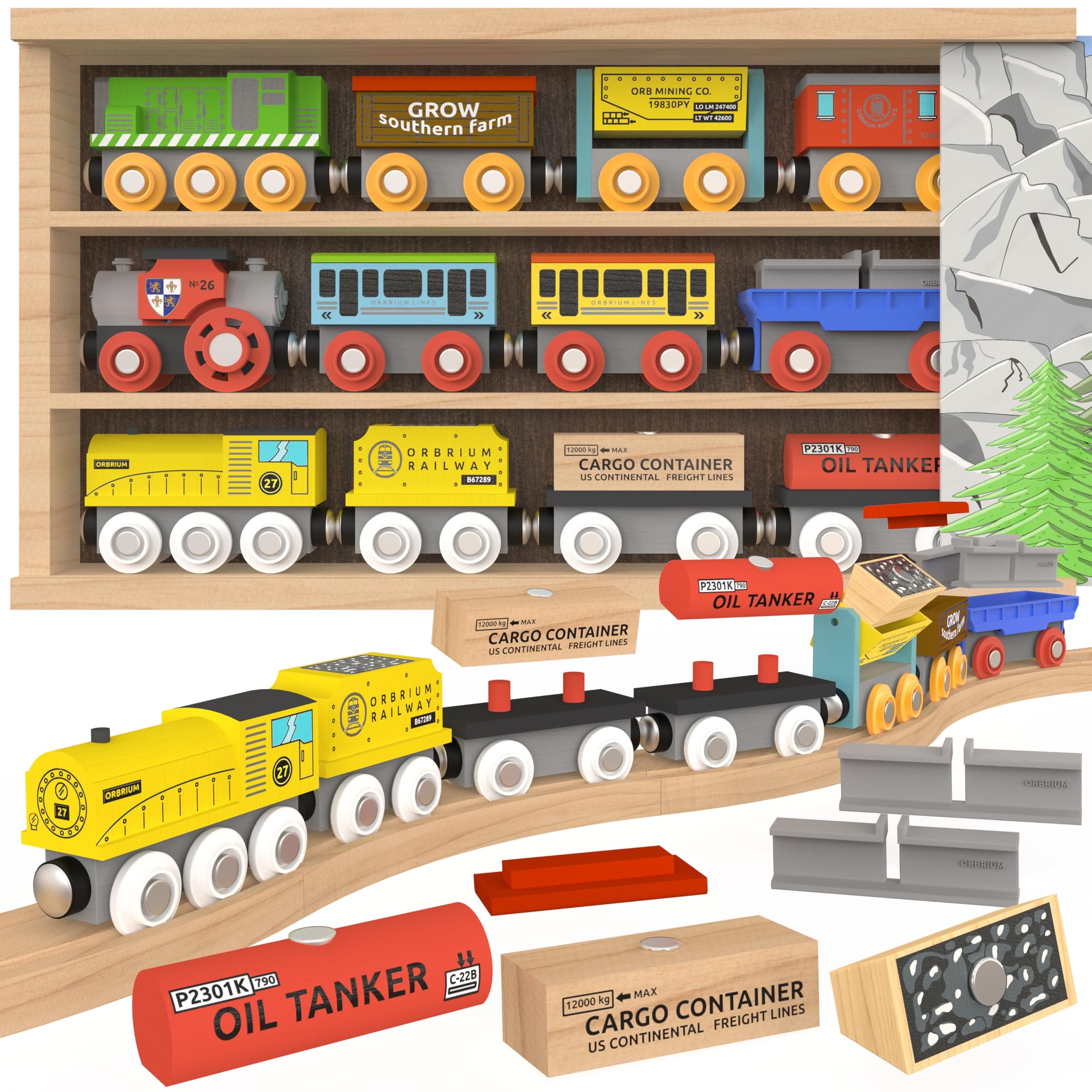 Wooden Train Set 12 PCS Magnetic Toy Train Cars with Storage Box Cover Tunnel Compatible with Thomas Brio Melissa and Doug Wooden Railway Toys for Grandkids Kids Toddlers Boys Girls