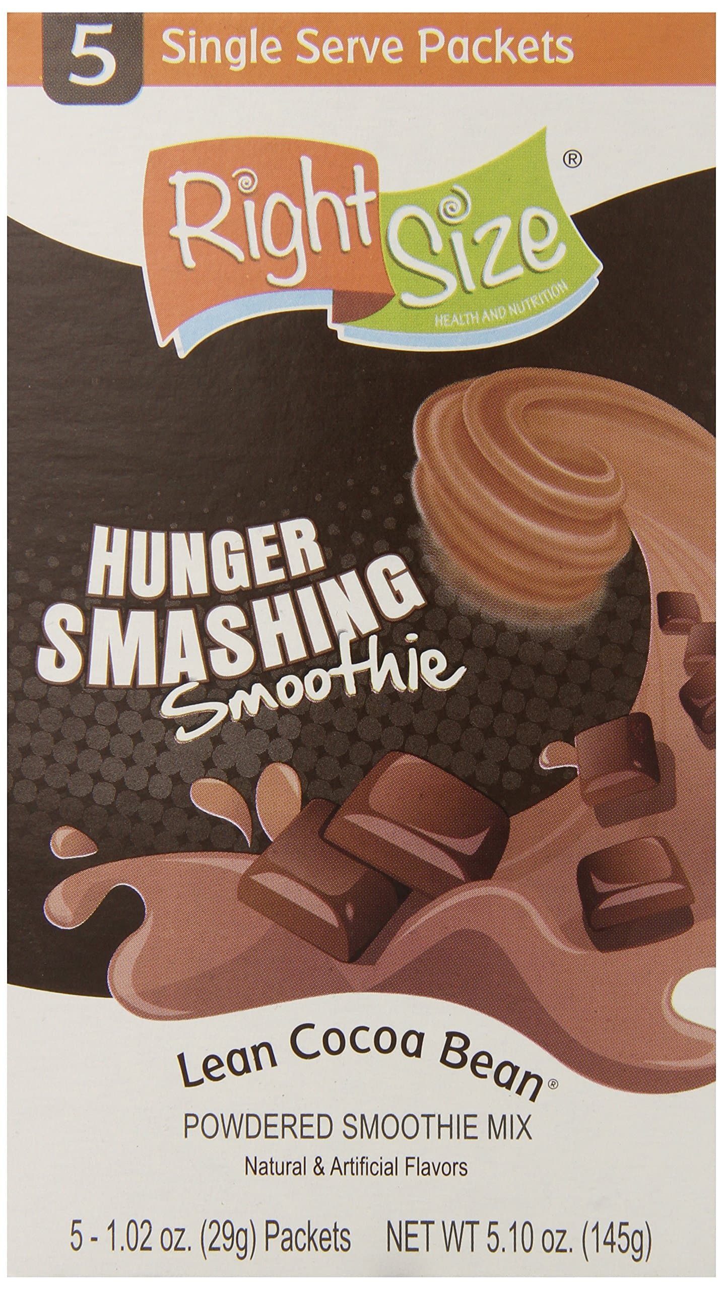 RightSize Hunger Smashing Smoothie Powder, Lean Cocoa Bean, 5 Count, 1.02 oz. (29g) Packets