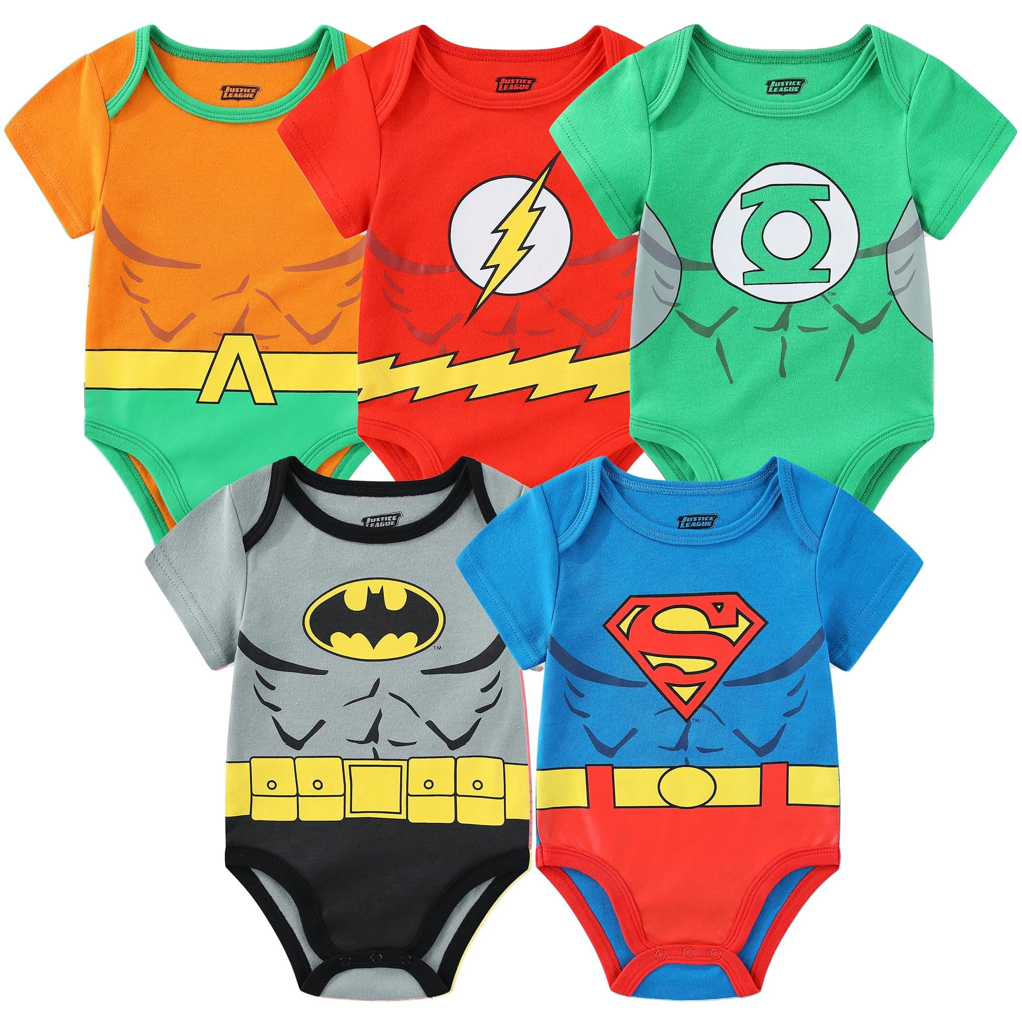 Justice League Batman, Superman, Flash, Aquaman and Green Lantern Baby Boys 5 Pack Creepers for Infants