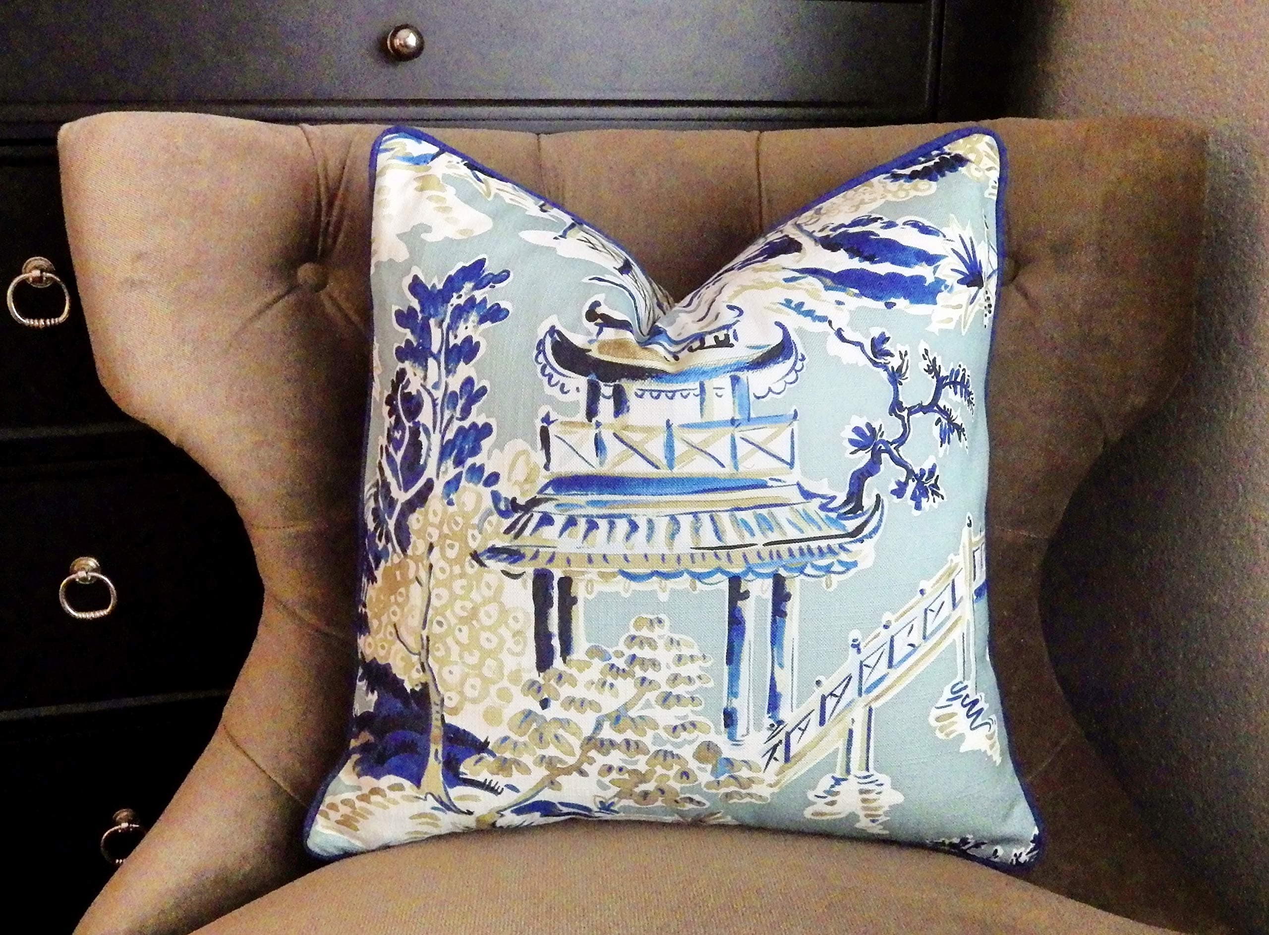 MangGou Blue and White Chinoiserie Pillow Cover Pagoda Pillow Cover Ming Toile Pillow Asian Decor Blue Pillow for Couch Chair Bedroom