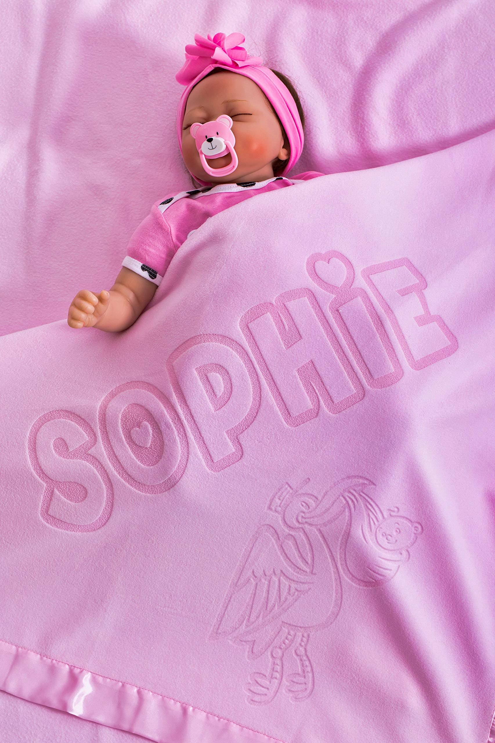 AIGAT Personalised Baby Blanket with Stork Motif and Baby's Name, Size 100x75CM, Satin Trim (Stork/Pink)