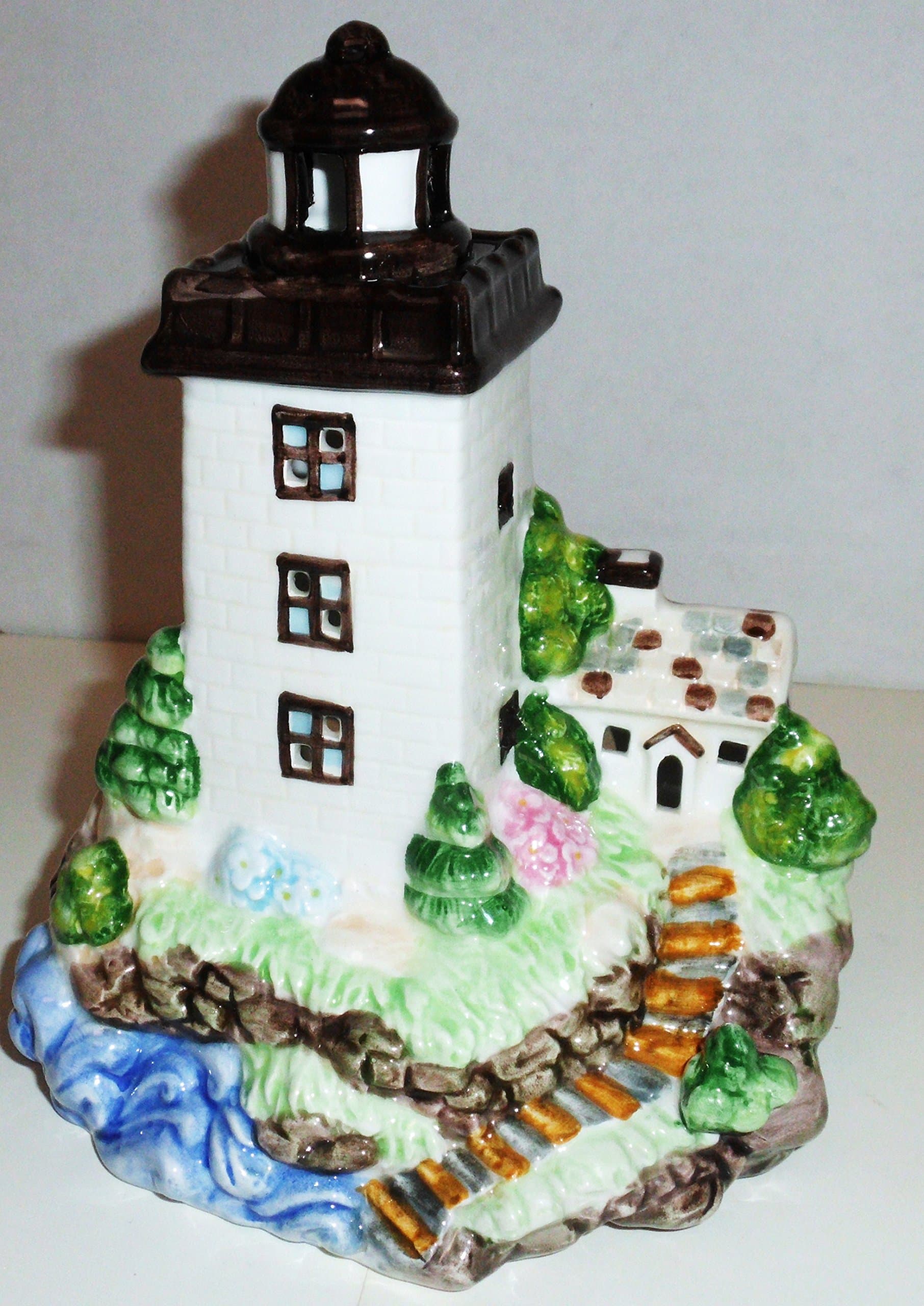 Ceramic Lighthouse Candle Holder - White Brick / Brown Trim - 6.5" x 6"