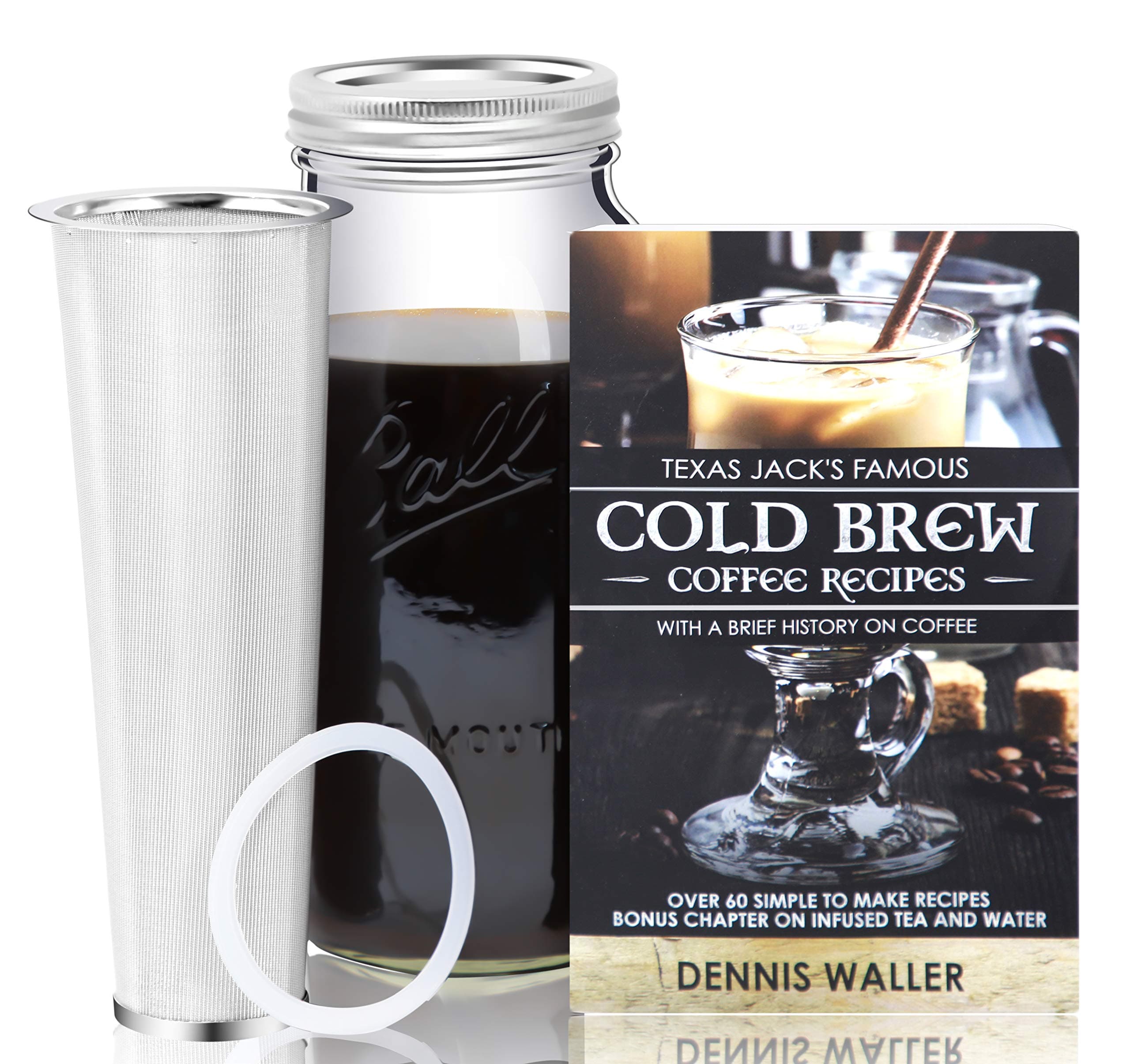 Cold Brew Coffee Maker Kit |Large 2 Quart/Half Gallon|130pg 60+ Recipes and Instruction Book! Quality Ball Wide Mouth Mason Jar & Stainless Filter Basket. Makes Coffee, Infused Water & Tea!