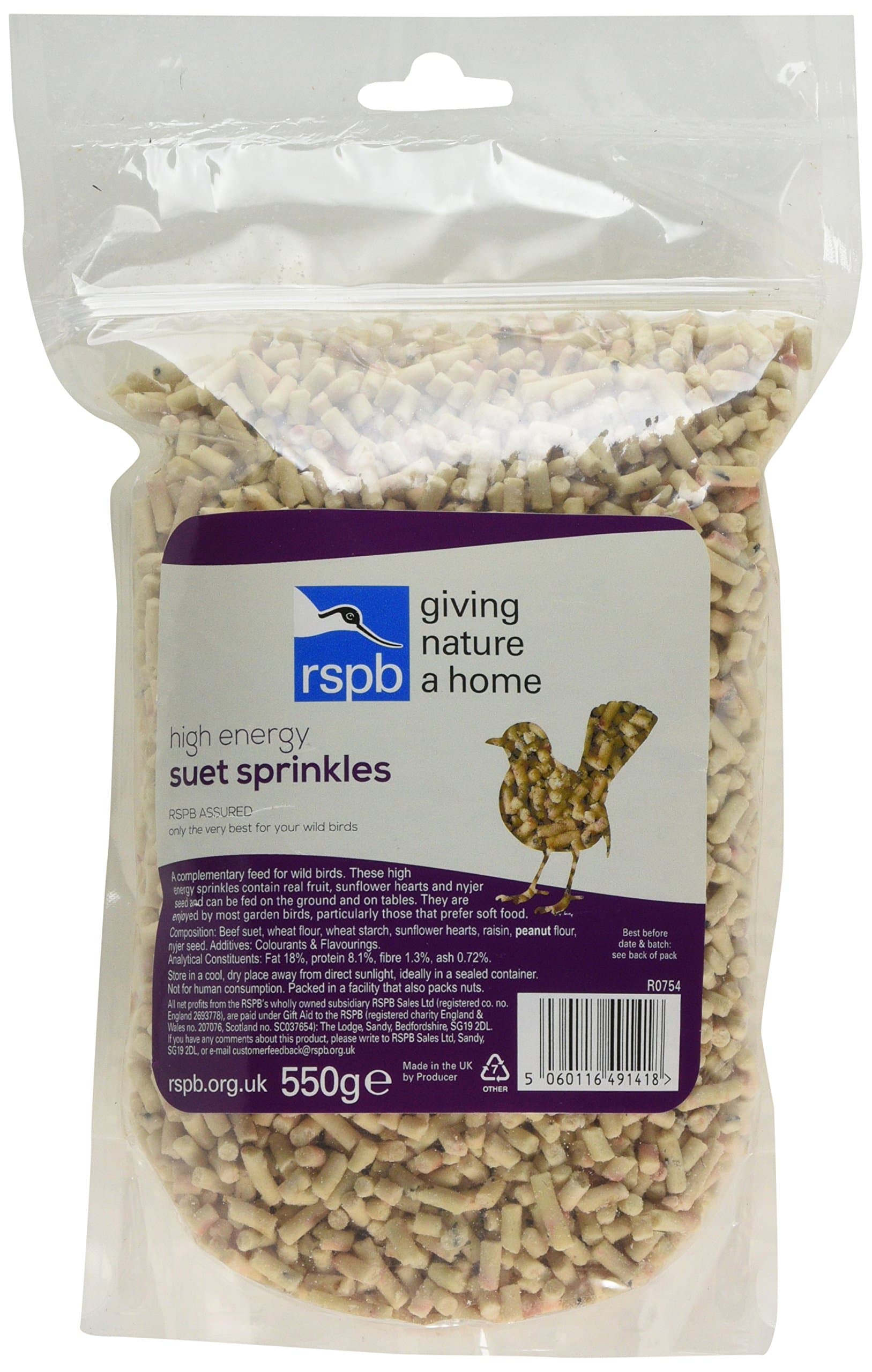 RSPBHigh Energy Sprinkles Wild Bird Food, 550 grams, Contains Premium UK Suet, mixed with Raisins, Nyjer Seed & Sunflower Hearts, Supporting the RSPB Charity in Resealable & Recyclable Pouch