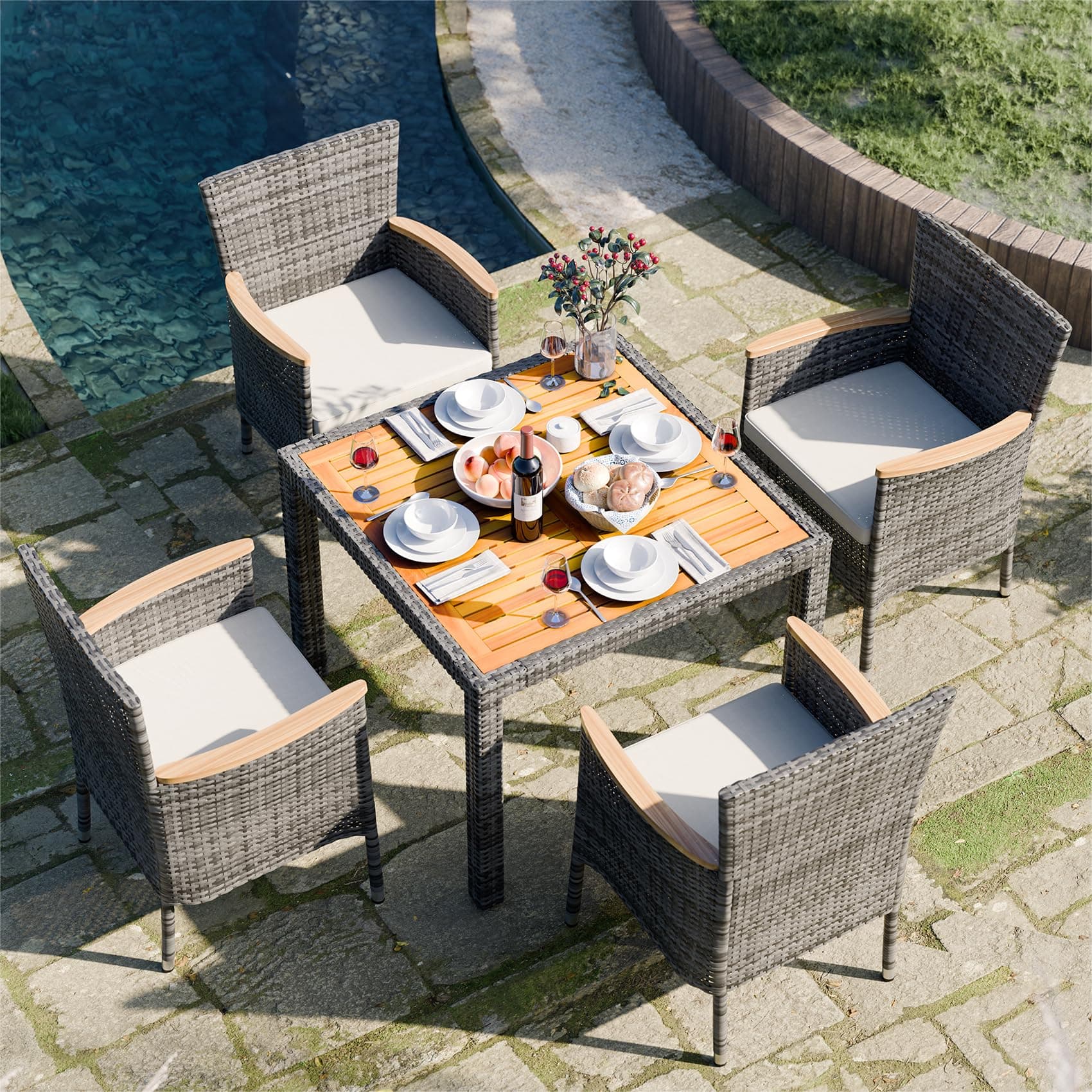 JAMFLY5 Pieces Outdoor Patio Dining Set, Wicker Patio Furniture Set with Wood Table and 4 Chairs with Soft Cushions for Yard, Garden, Porch and Poolside (Grey)