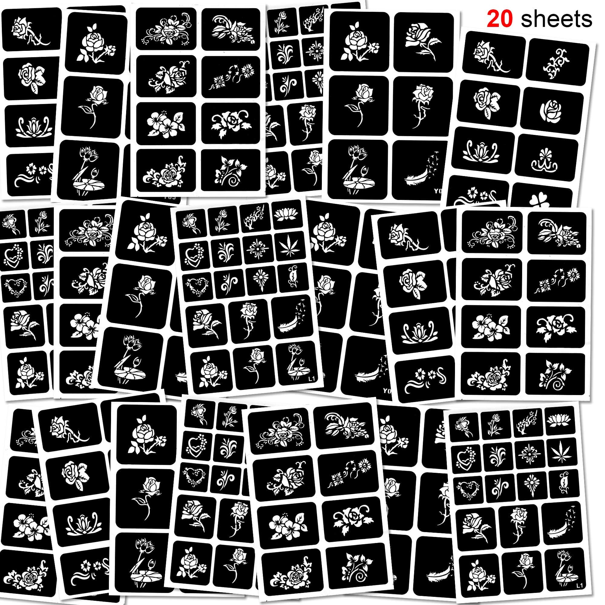 Konsait 200pcs Temporary Tattoos Stencils, 20 Sheets Flowers Girls and Women Glitter Tattoo Kit Templates Face Painting Stencil Body Art Stencil Pack for Adults Man Women Kids Teenager Adultssigns