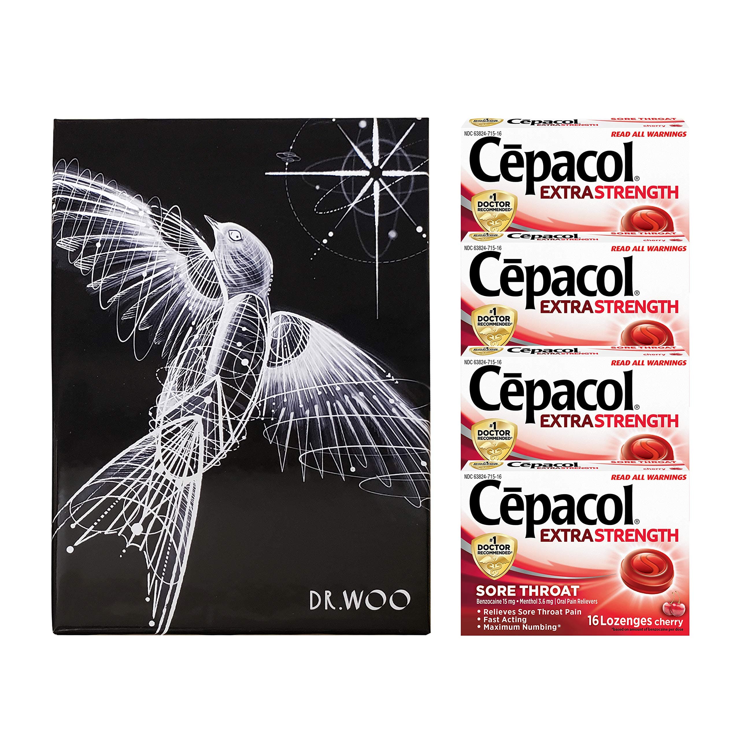 Cepacol Extra Strength Sore Throat Lozenges, Oral Pain Reliever, Cherry Flavor with Menthol, 16ct x 4 Pack (64 ct) Dr Woo Designed Customized Gift Box