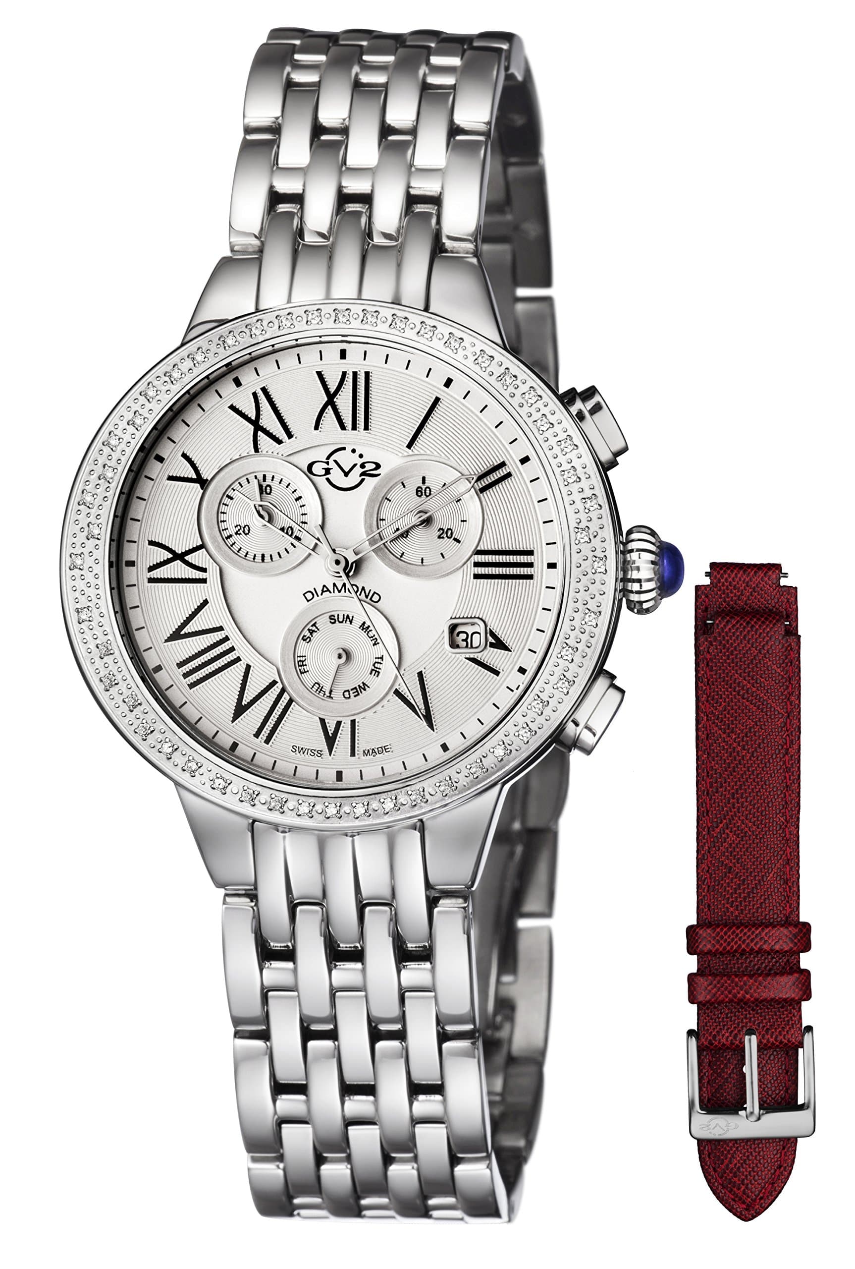 GV2 by Gevril Astor Chronograph Womens Diamond Swiss Quartz Stainless Steel Bracelet Watch, (Model: 9130)