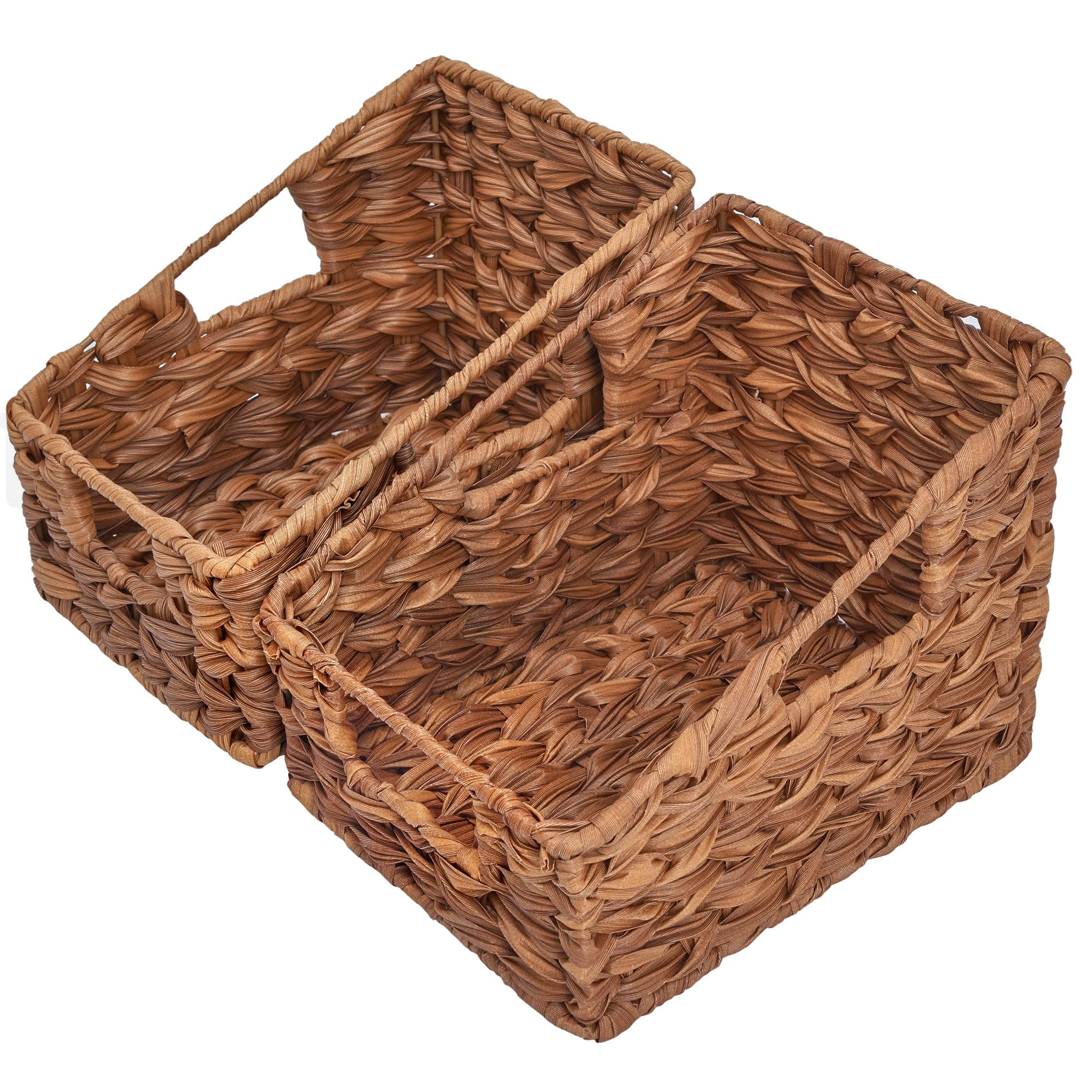 GRANNY SAYS Wicker Storage Baskets for Shelves, Trapezoid Woven Basket with Handles, Waterproof Storage Wicker Baskets for Organizing Pantry Cabinet, Caramel Orange, 2-Pack