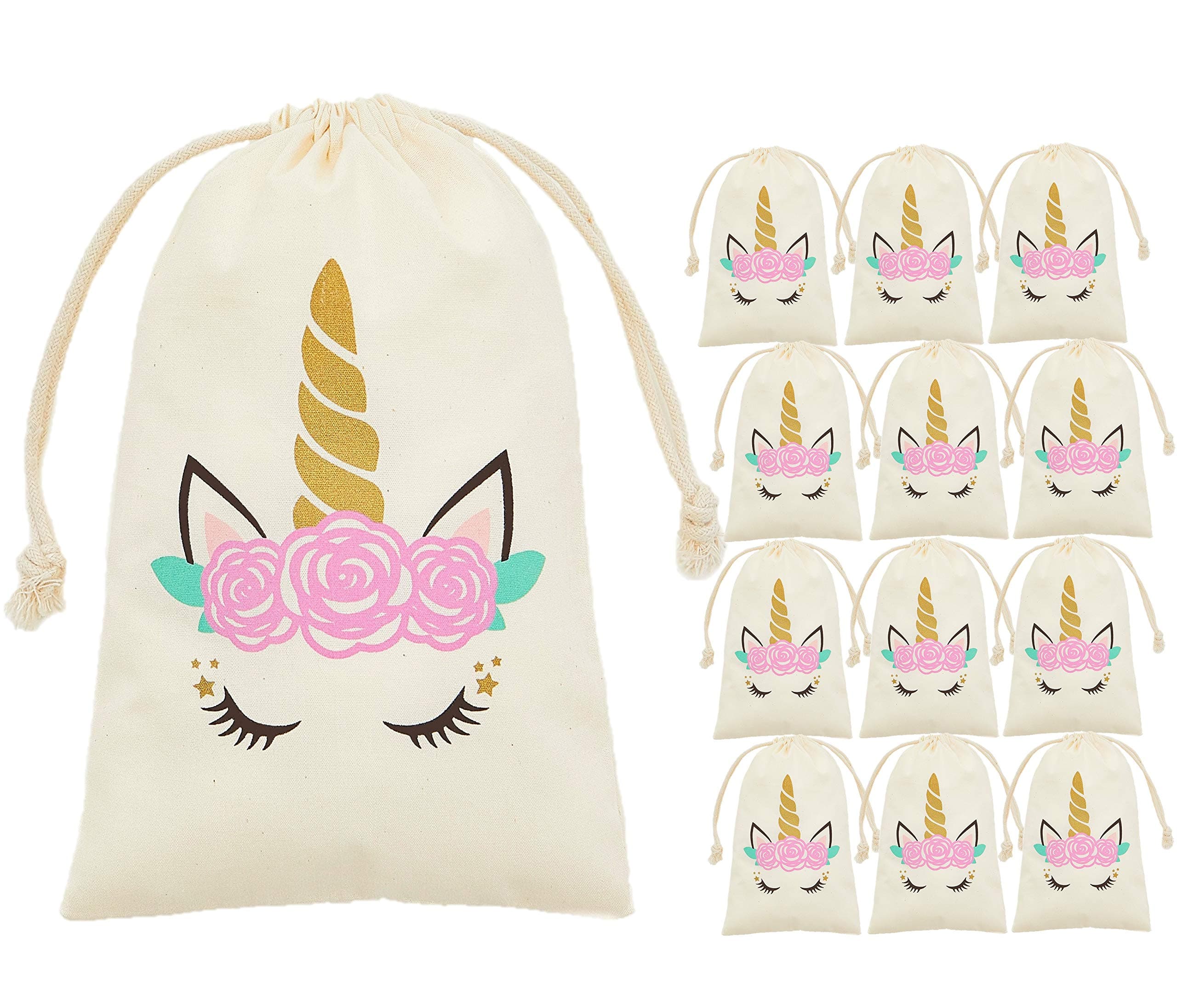 Unicorn party bags supplies - 12 party favor bags for treats, gifts and candy - Drawstring goodie bags for girls birthday party