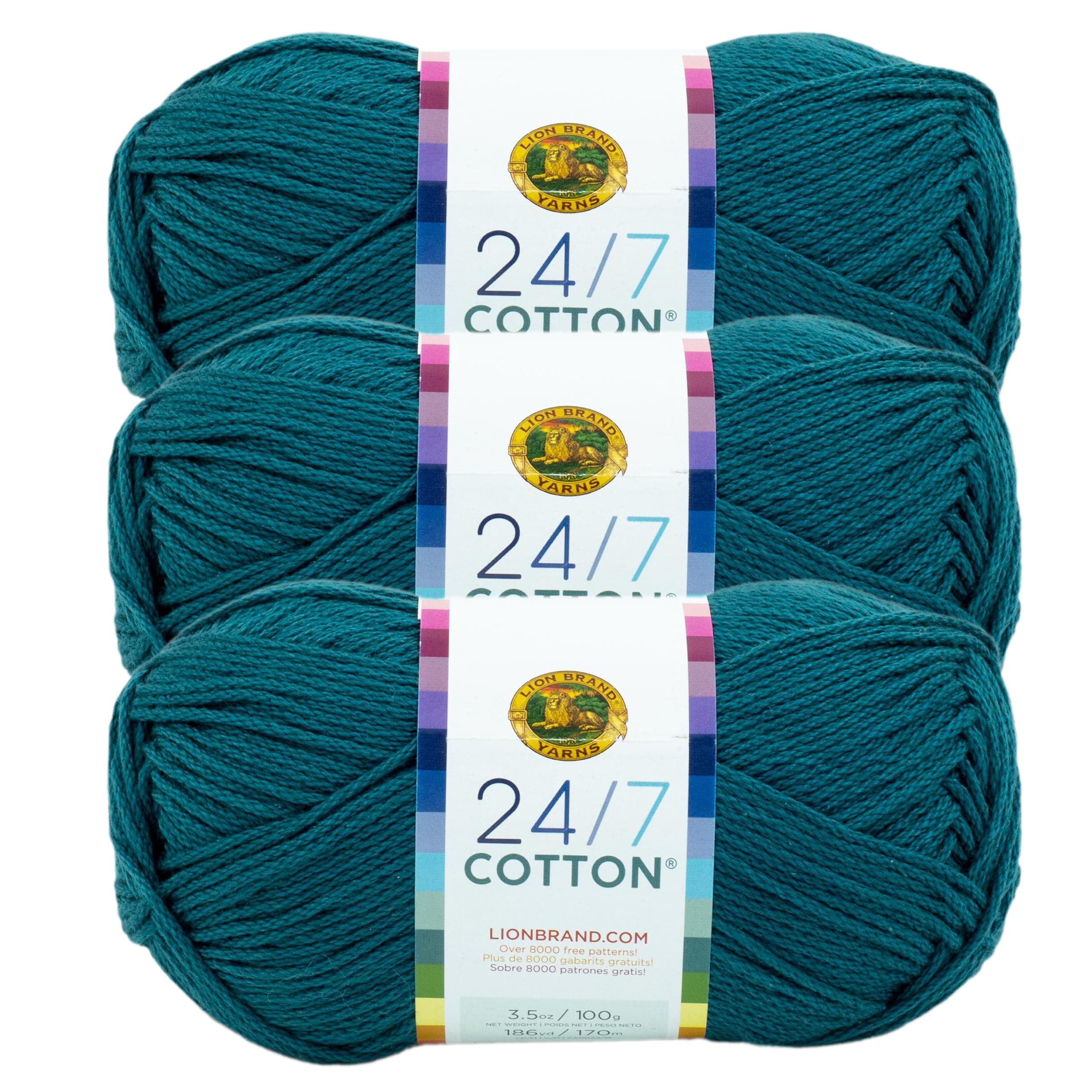 Lion Brand Yarn, 24/7 Cotton Mercerized Lightweight Yarn for Knitting, Crochet, and Crafts, Dragonfly, 3 Pack, 185 Yards of Natural Fiber for Breathable Tops, Durable Bags, and Easy-Care Dish Cloths