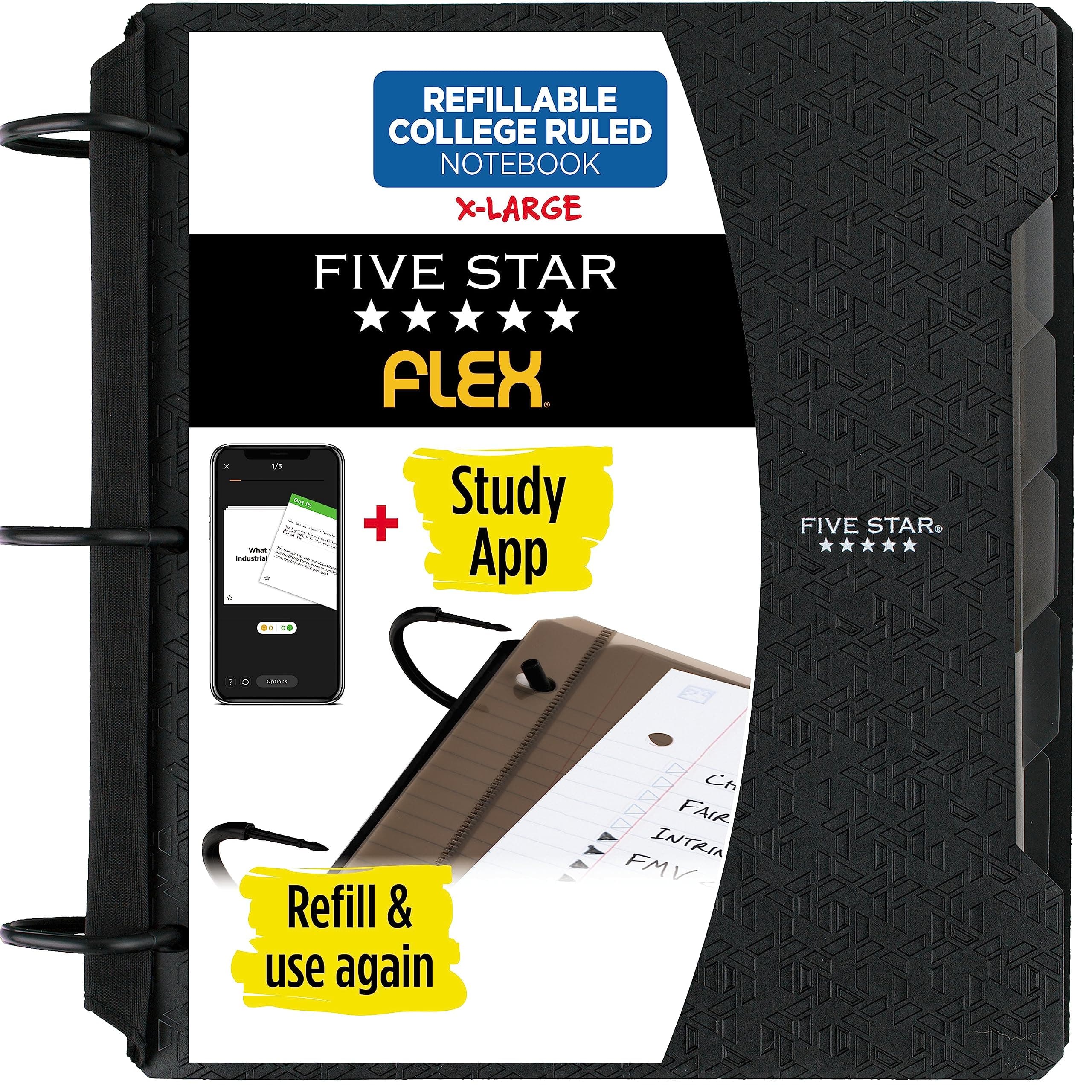 Five Star Flex Refillable Notebook + Study App, College Ruled Paper, 1-1/2 Inch TechLock Rings, Pockets, Tabs and Dividers, 300 Sheet Capacity, Black (29324AA2)
