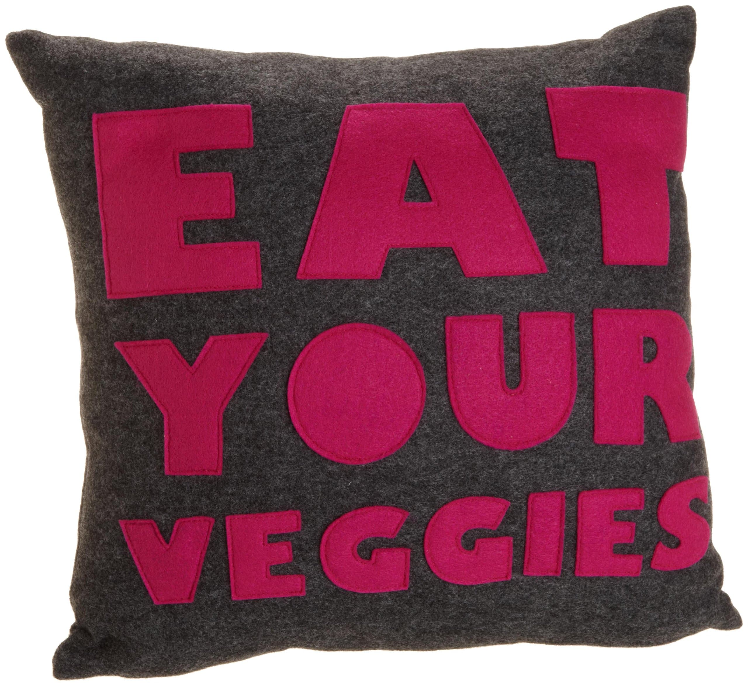 Alexandra Ferguson Eat Your Veggies 16 by 16-Inch Decorative Pillow, Charcoal Felt/Fuchsia Felt
