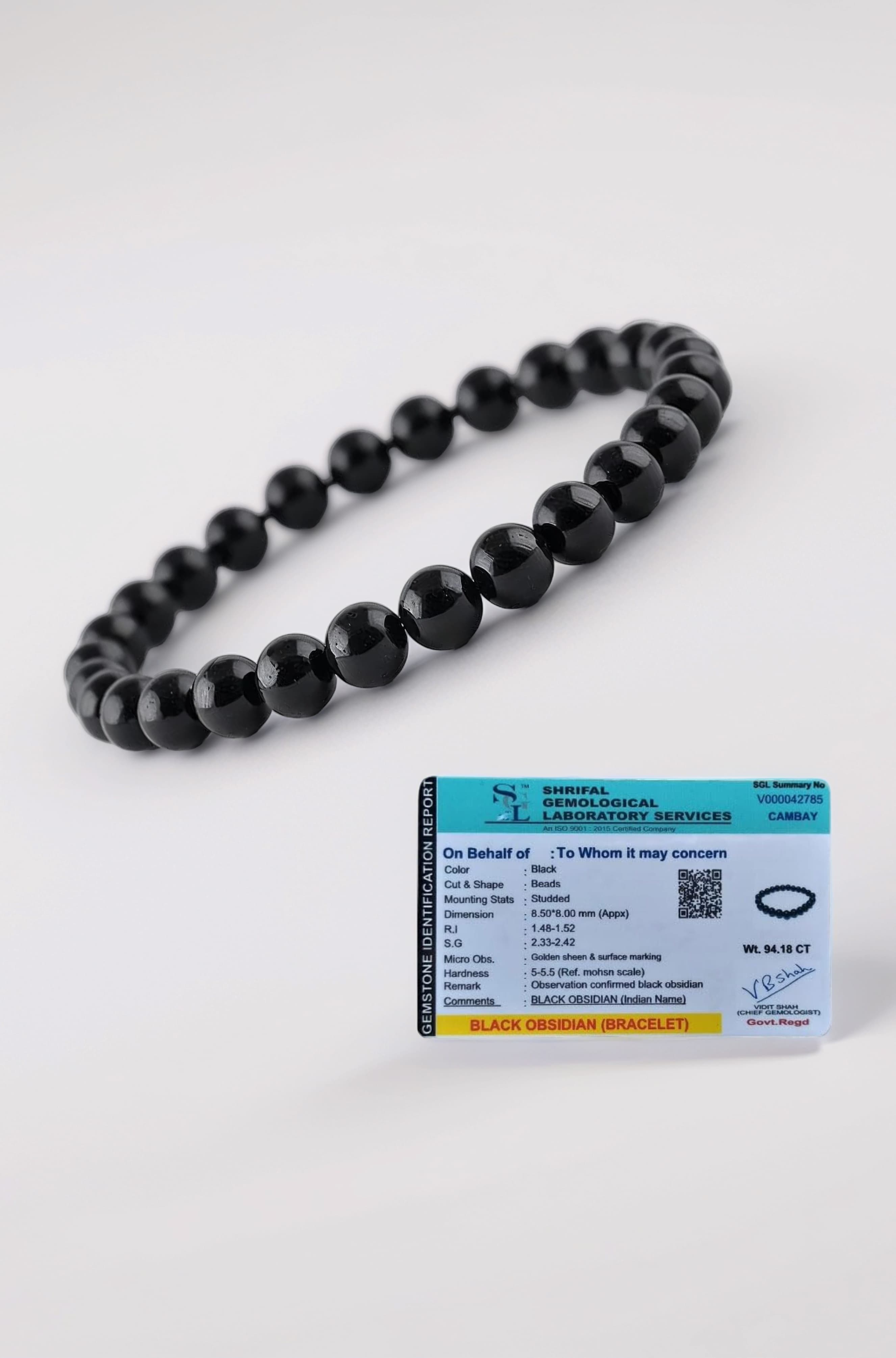 - Unisex Natural Certified Black Obsidian - Grounding & Protection Crystal Bracelet (Bead Size 8 MM)
