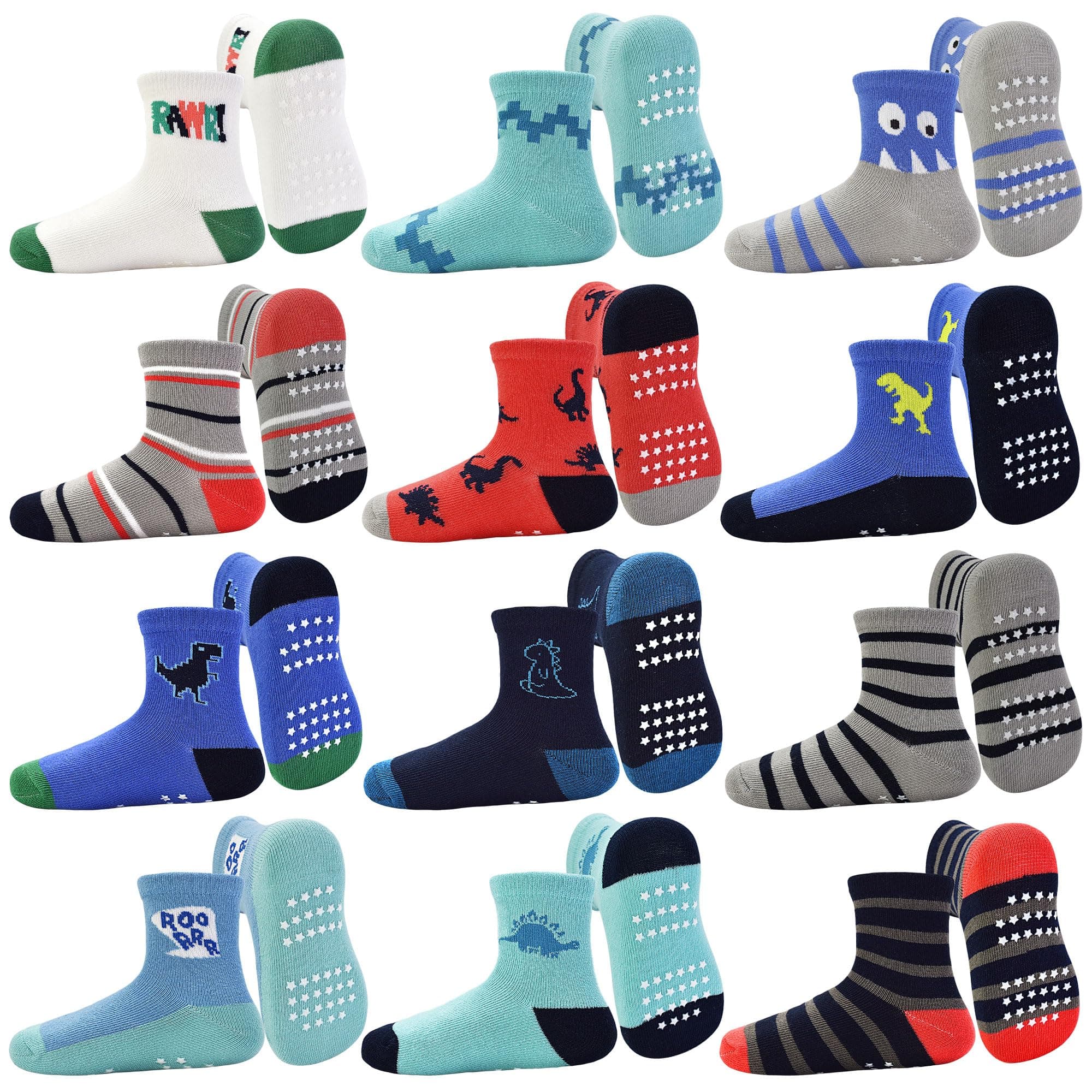 GRPSKCOS Toddler Grip Socks 12 Pairs Non Slip Baby Socks Cute Crew Anti Skid Socks for 0-7 Years Baby Boys Kids