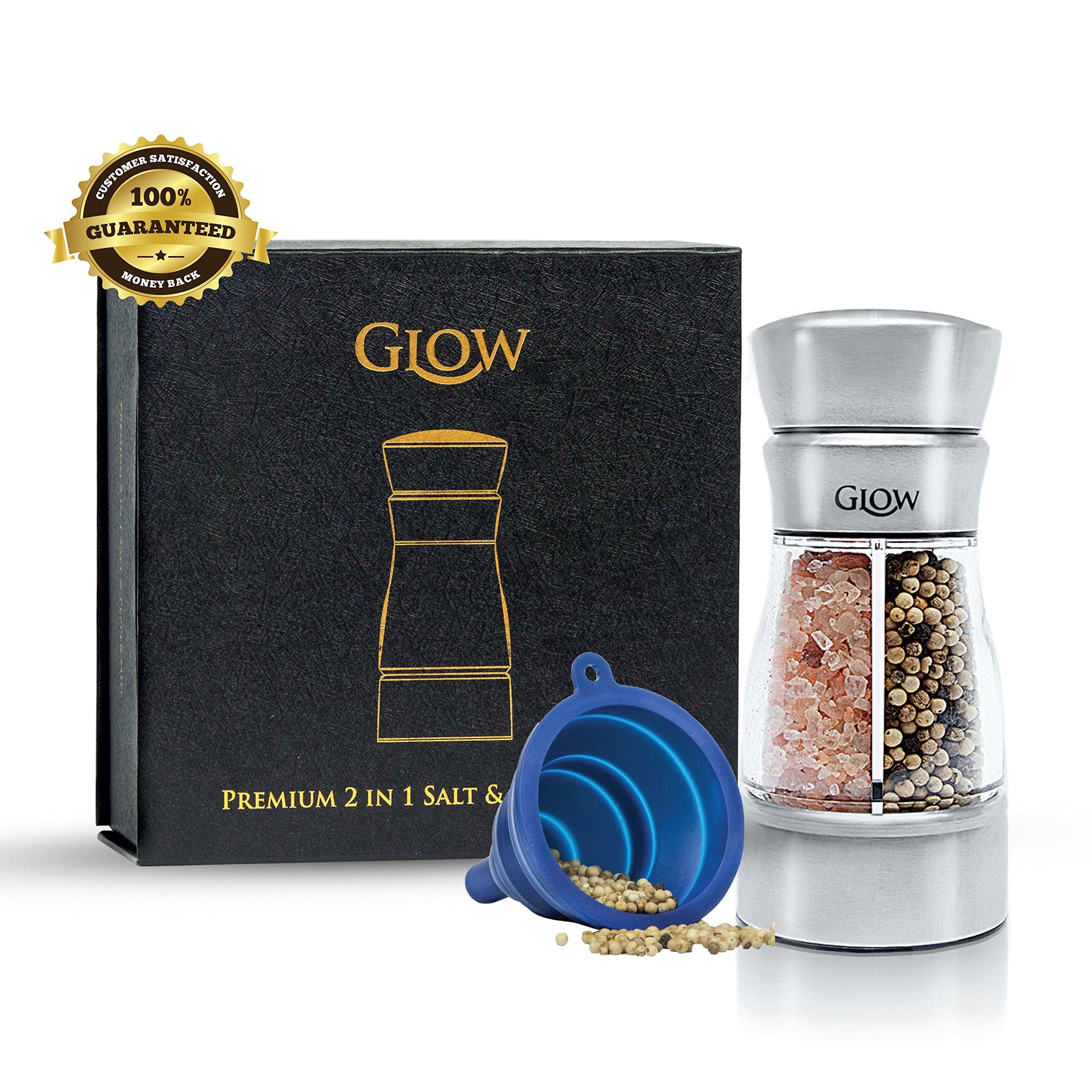 Glow Premium 2 in 1 Stainless Steel Salt and Pepper Grinder Mill with Free Collapsible Funnel in a Gorgeous Gift Box I Adjustable Ceramic Rotor I Super Durable PC Body I Great Gift Idea