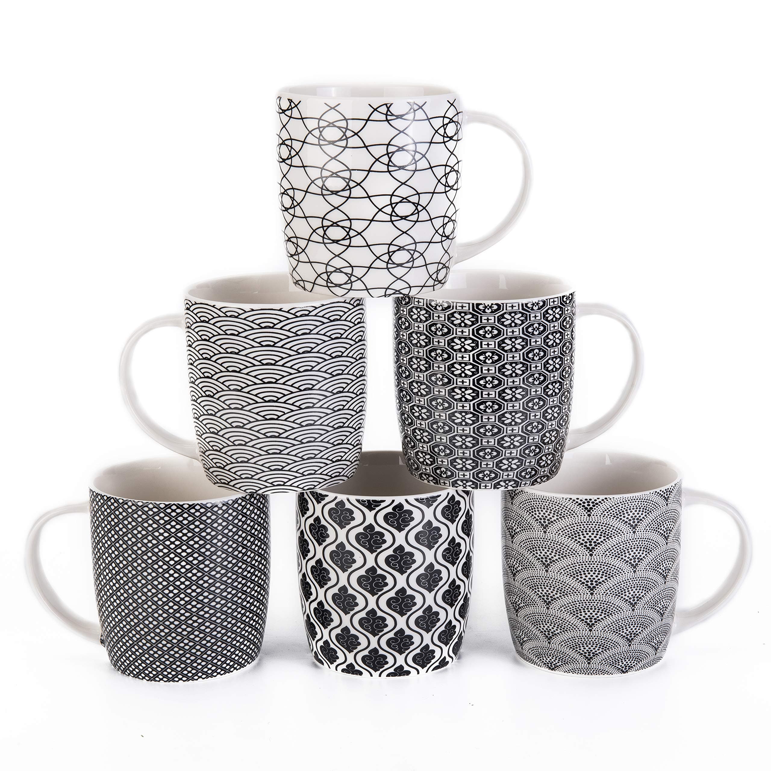 Set of 6 Coffee Mugs 340 ML/11.5 oz with Black and White Geometric Patterns, Ceramic Tea Cup Set 6 Pack