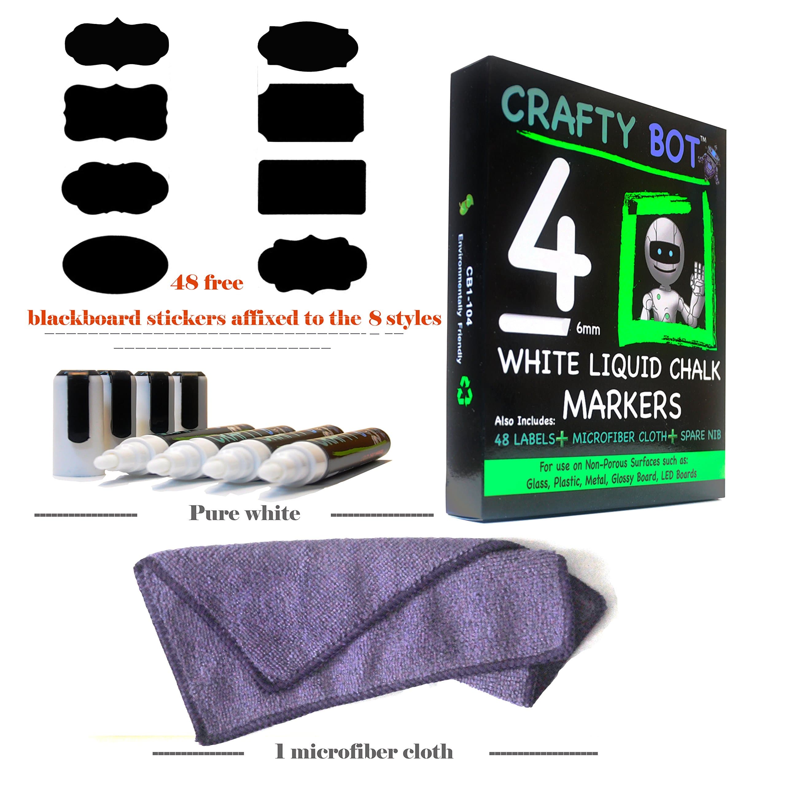 Crafty Bot Liquid Chalk Markers Pack of 4 White 8G Ink with Free 48 Chalk Board Labels, Microfiber Cloth, Reversible Bullet and Chisel 6mm Tip
