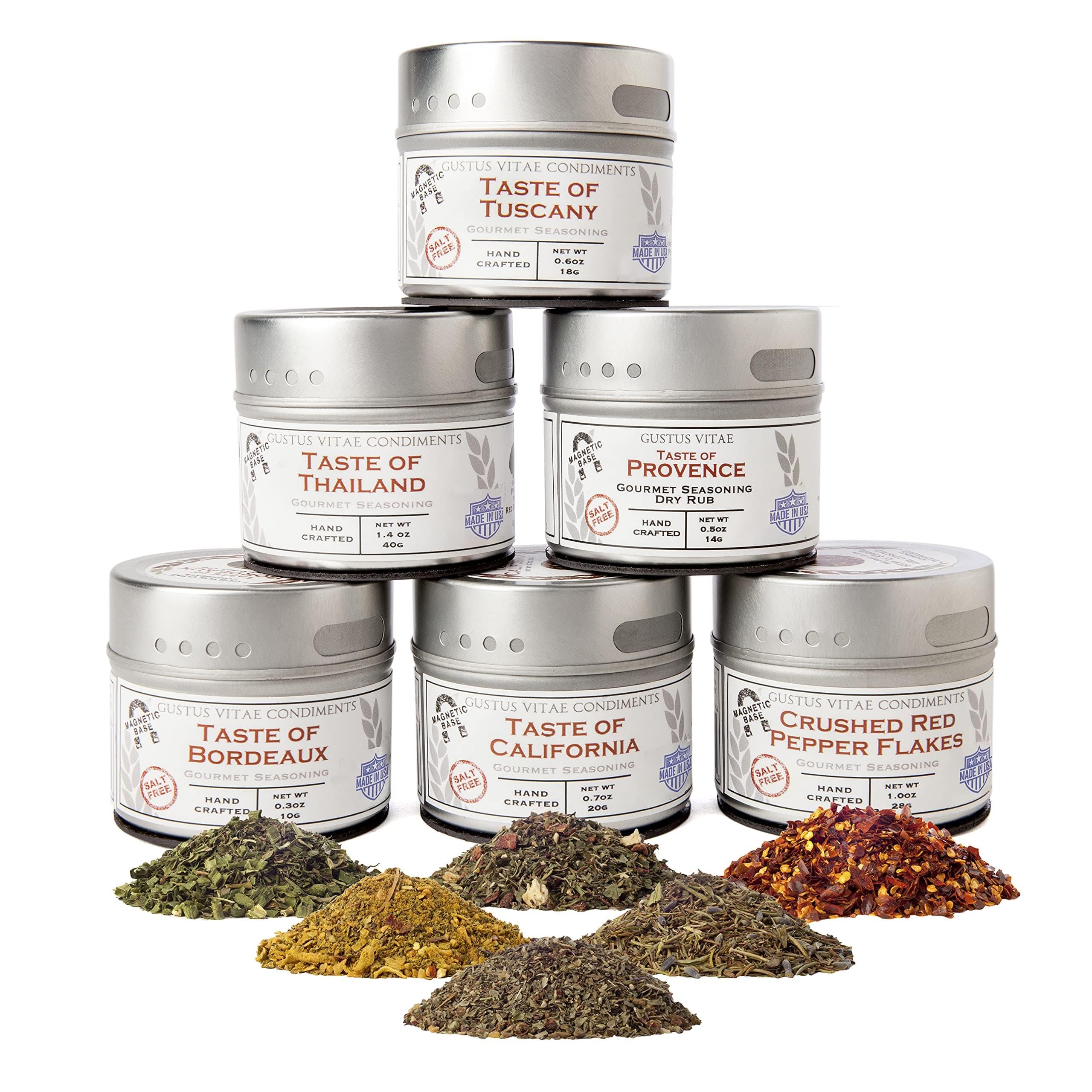 Salt-Free Gourmet Seasoning Collection | Artisanal Spice Blends Gift Set | Hand Crafted, Small Batch Spices | No Sodium | Non GMO, All Natural | GLP-1 Friendly | Ultra Premium, Sustainably Sourced | Magnetic Tins | Gustus Vitae
