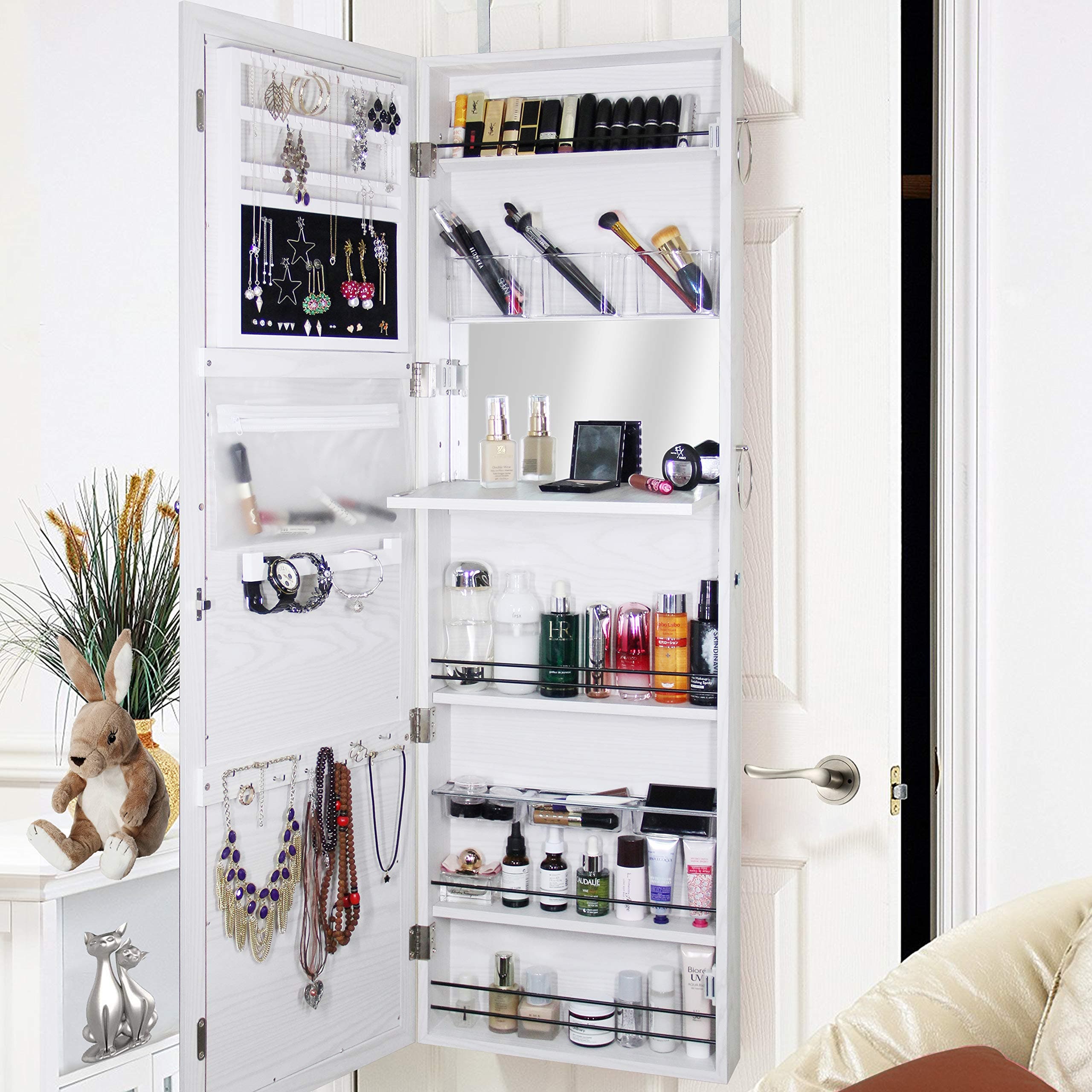 Blissun Jewelry Cabinet Armoire, Mirrored Jewelry Armoire, Door/Wall Mounted Jewelry Storage Organizer (White)