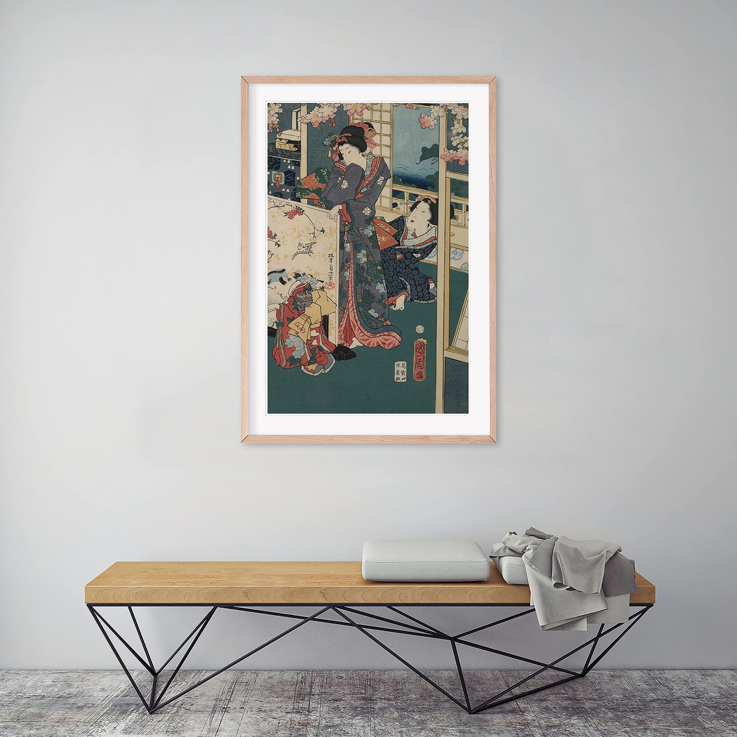 Scene in a villa. Year: 1862. Title: Bessou Moyou. Artist: Toyohara Kunichika. Description: Ukiyo-e diptych showing richly-dressed man, two children, and two women in a richly-appointed interior.