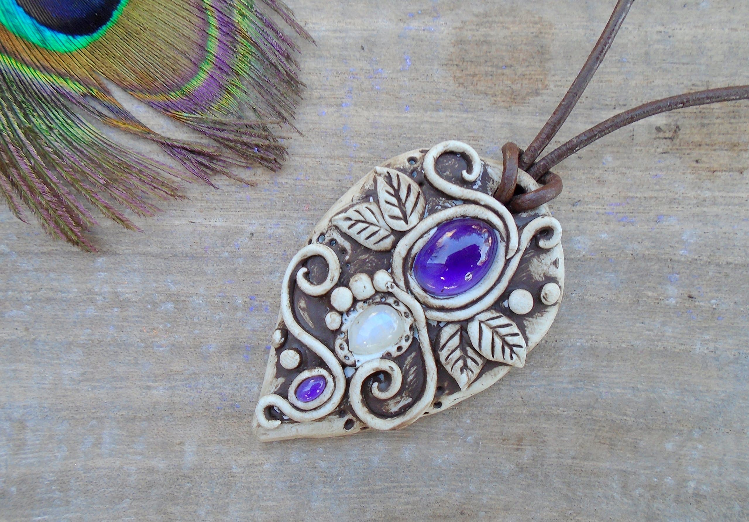 Amethyst Moonstone Goddess Clay Necklace. Divine Feminine Magic Amulet.