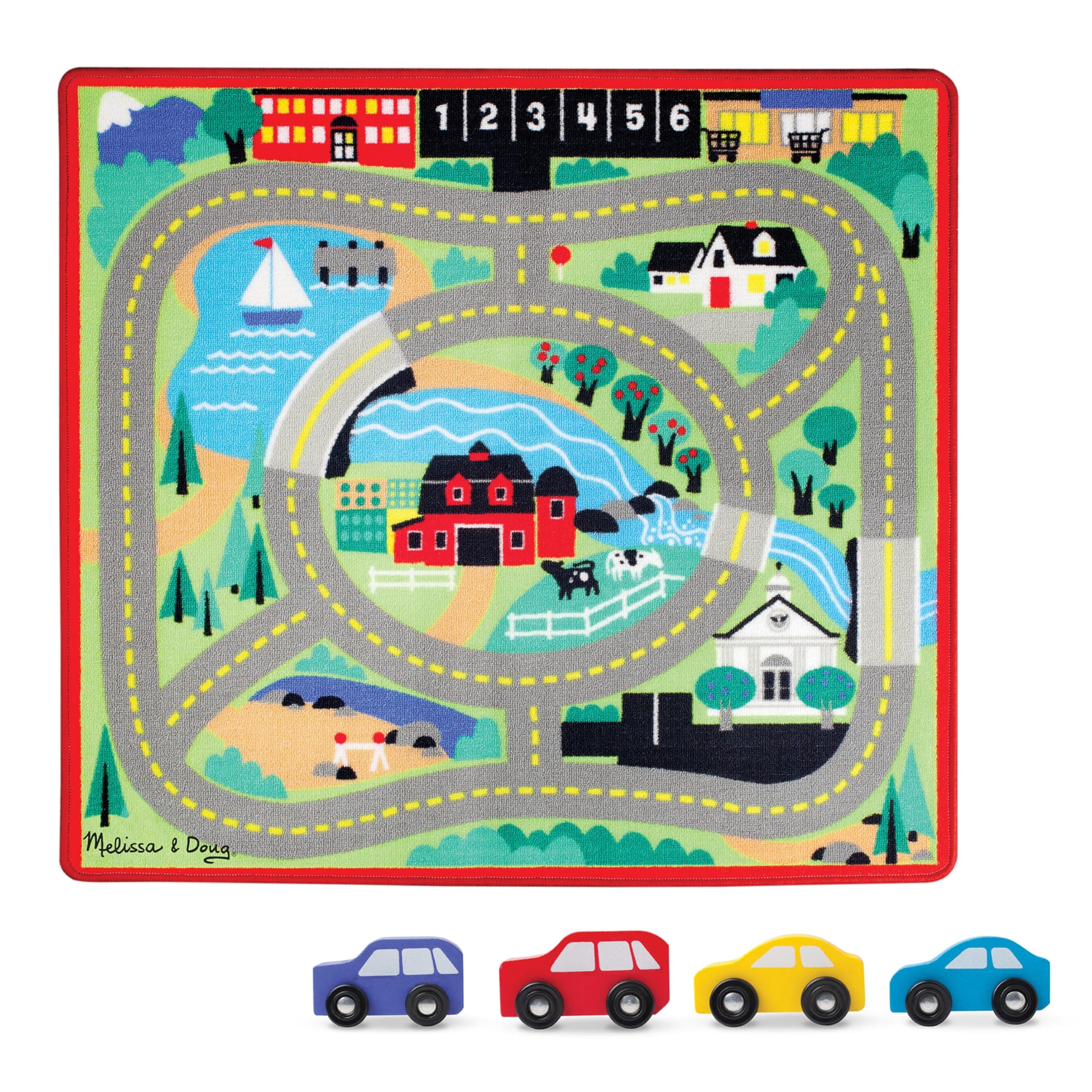 Melissa & Doug Round the Town Road Rug & Car Set (Cars & Trucks, Safe for All Floors, 4 Wooden Cars, 91.44 cm W x 99.06 cm L)