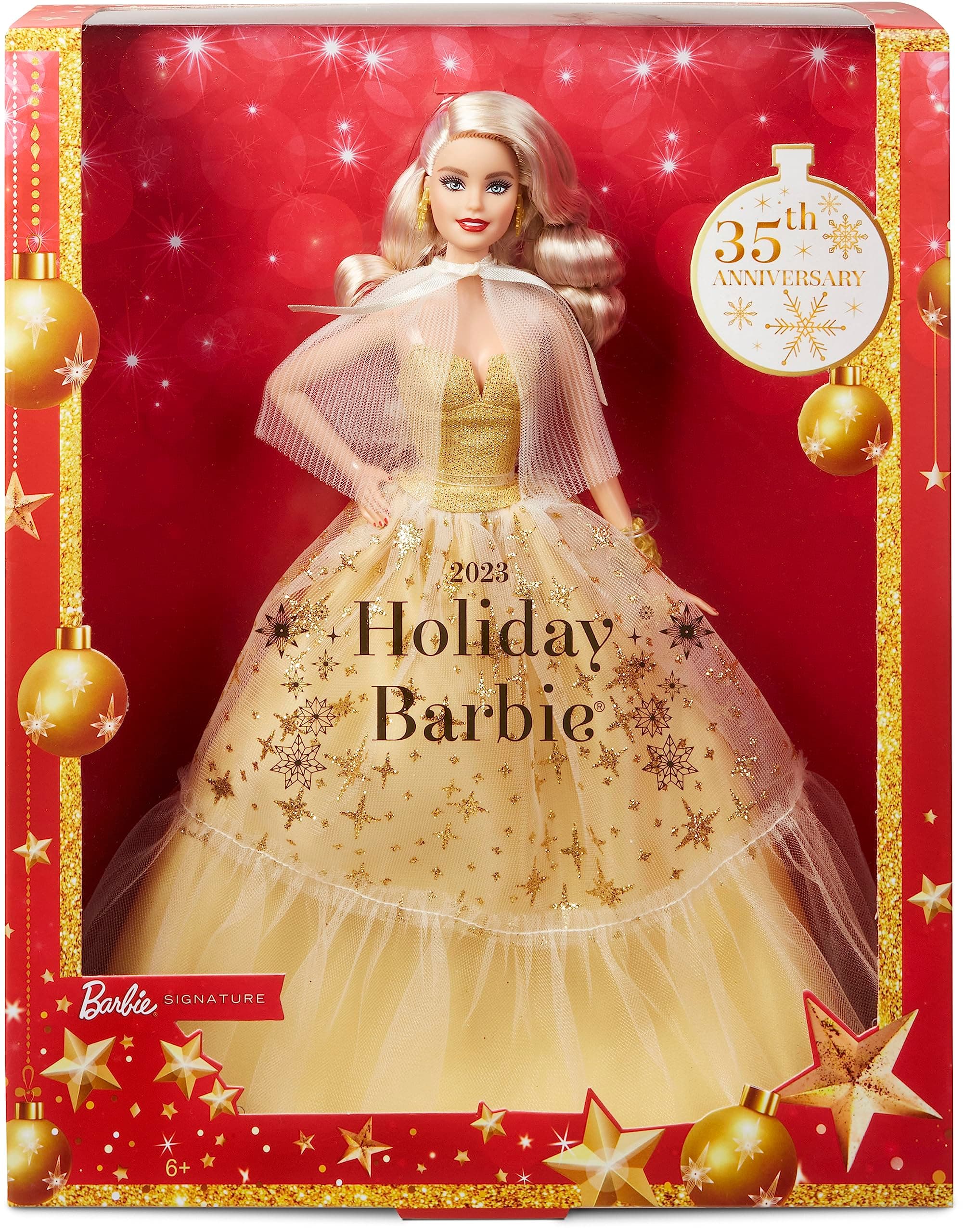 Signature 2023 Holiday Doll, Blonde Hair Wearing Golden Gown, Collectible with Doll Stand & Certificate of Authenticity