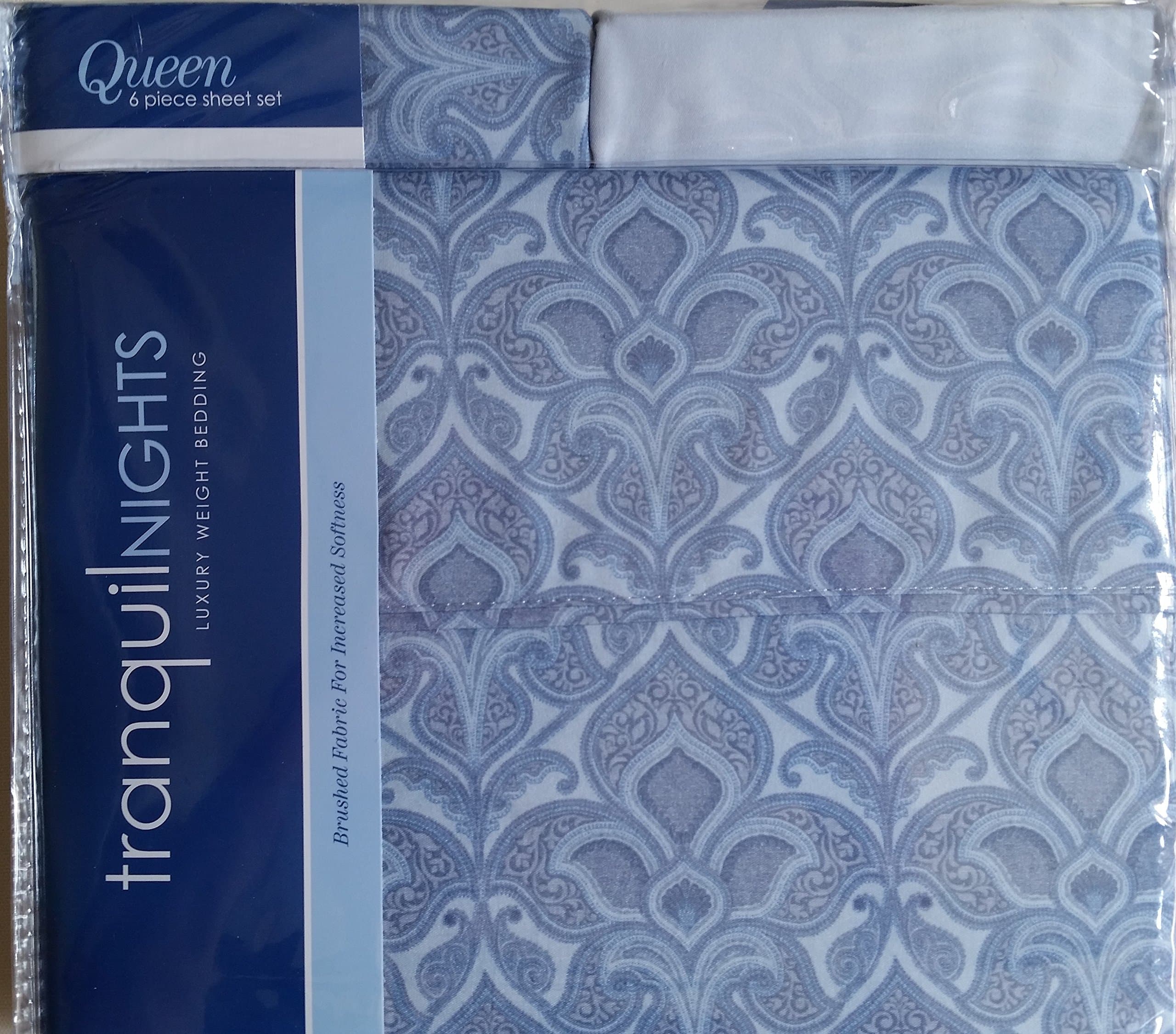 Tranquil Nights Luxury Weight Bedding Summer 2015 Queen 6 Piece Sheet Set (Blue Floral Print)