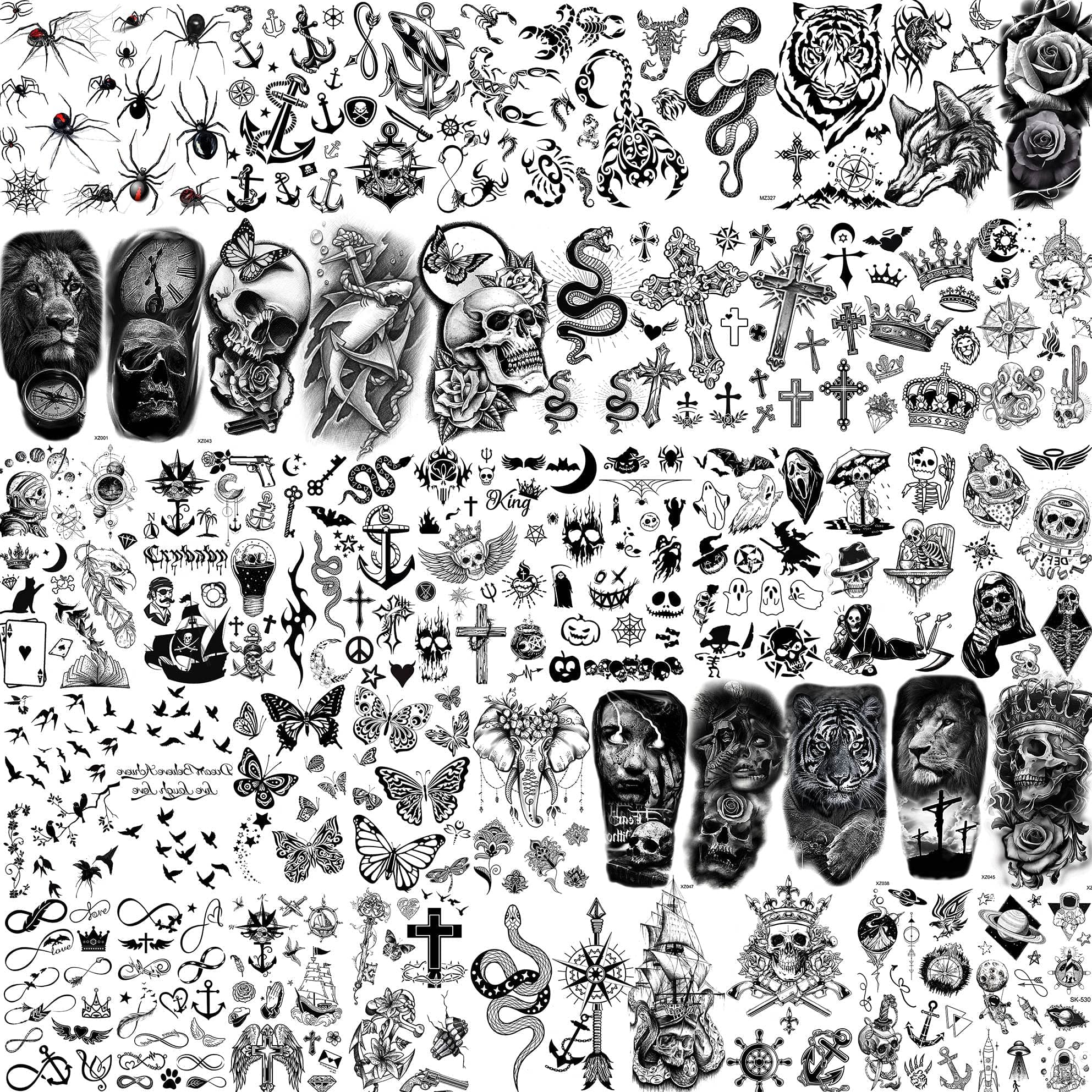 48 Sheets 3D Small Temporary Tattoos For Kids Women Neck Girls Arm Boys, Temp Tiny Halloween Tattoo Stickers Men Spider Cross Scorpion Snake Tiger Lion, Flower Ghost Skull Fake Tatoos Acnhor