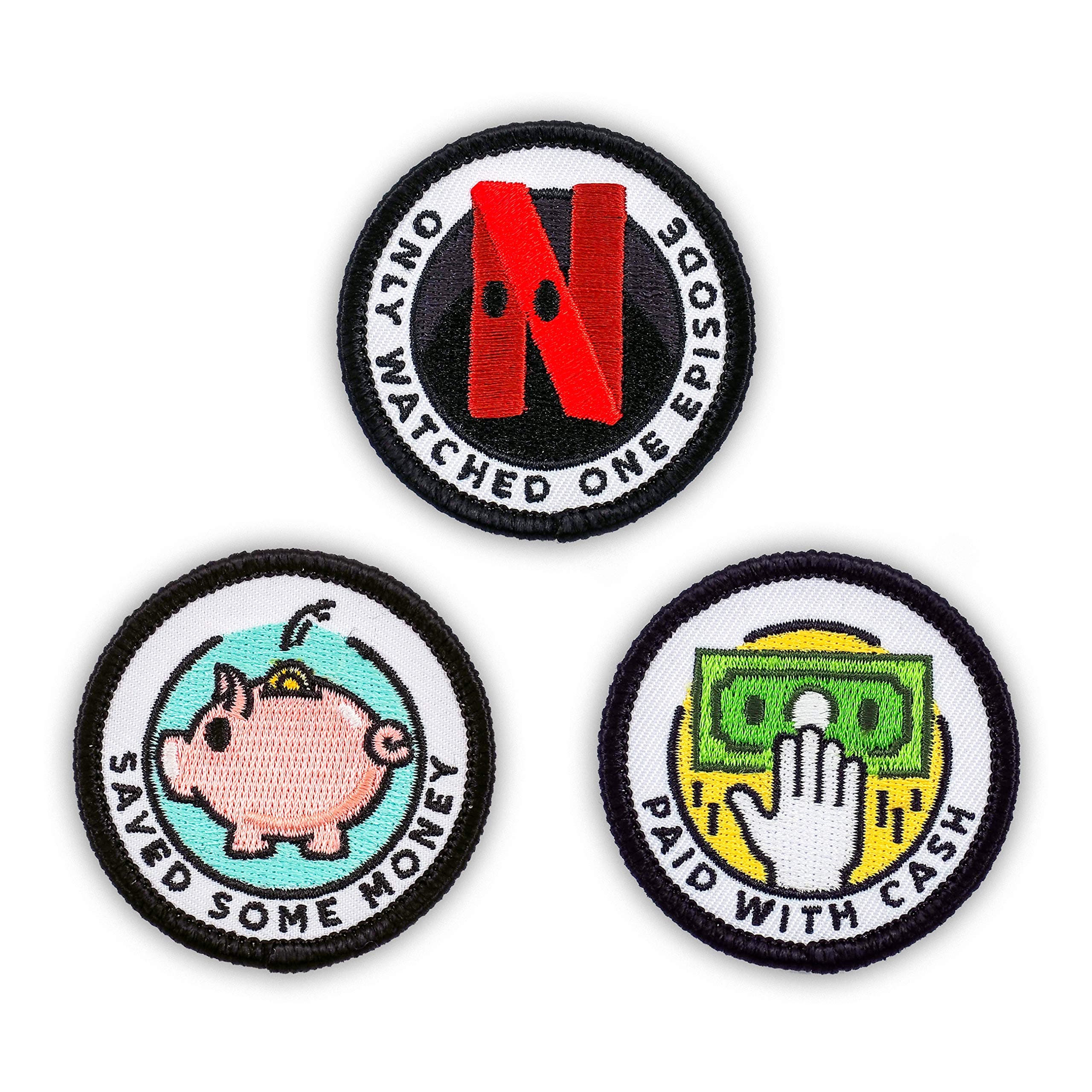 Winks For Days Adulting Merit Badge Embroidered Iron-On Patches (Achievements - Set 1) - Includes Three (3) 2" Patches: Saved Some Money, Only Watched One Episode, and Paid with Cash