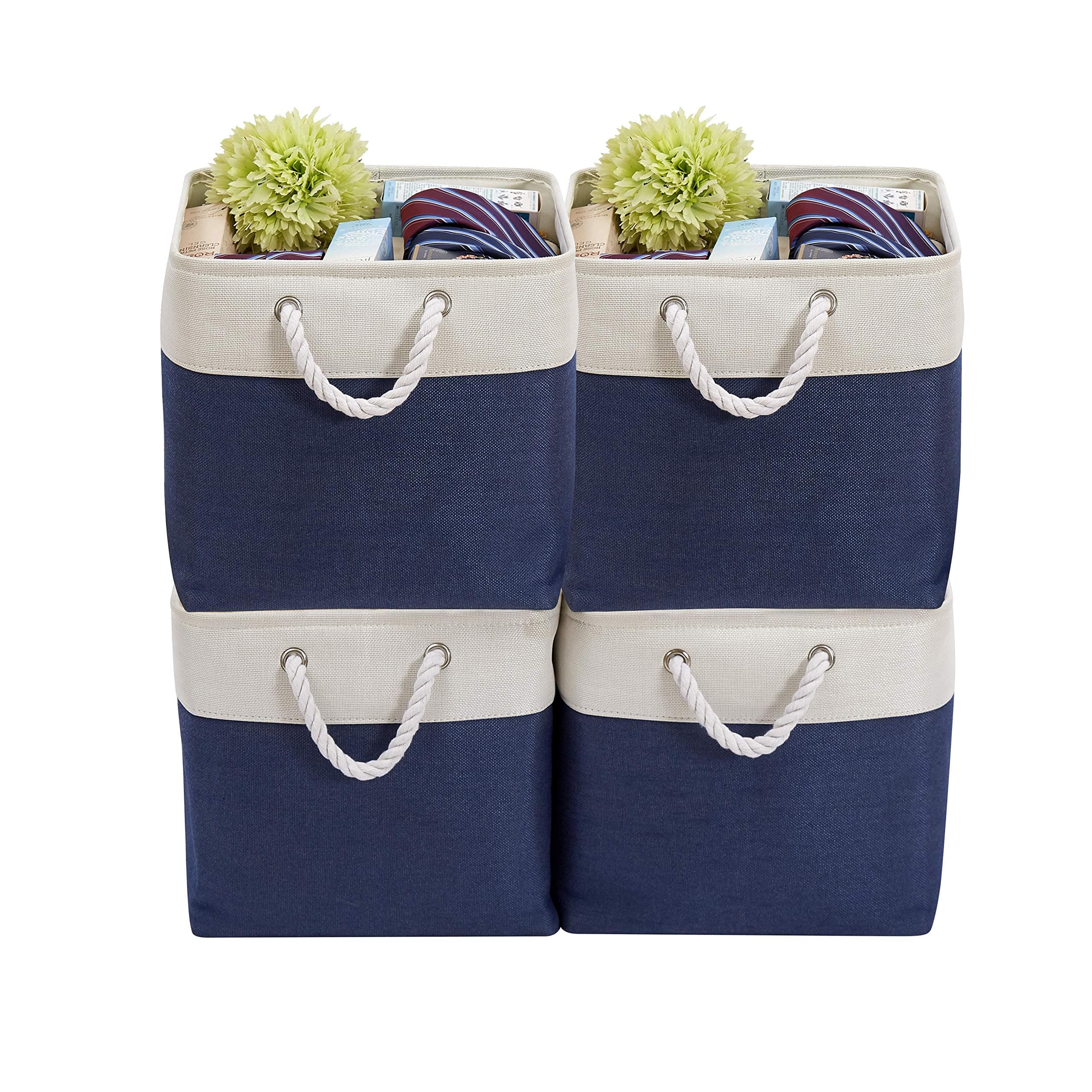DECOMOMO Cube Storage Organizer Bins | Box Storage Cube Basket with Handles Fabric Cloth Bins for Organizing Shelf Nursery Home Closet (Navy Blue & White, 13 x 13 x 13 inch - 4 Pack)