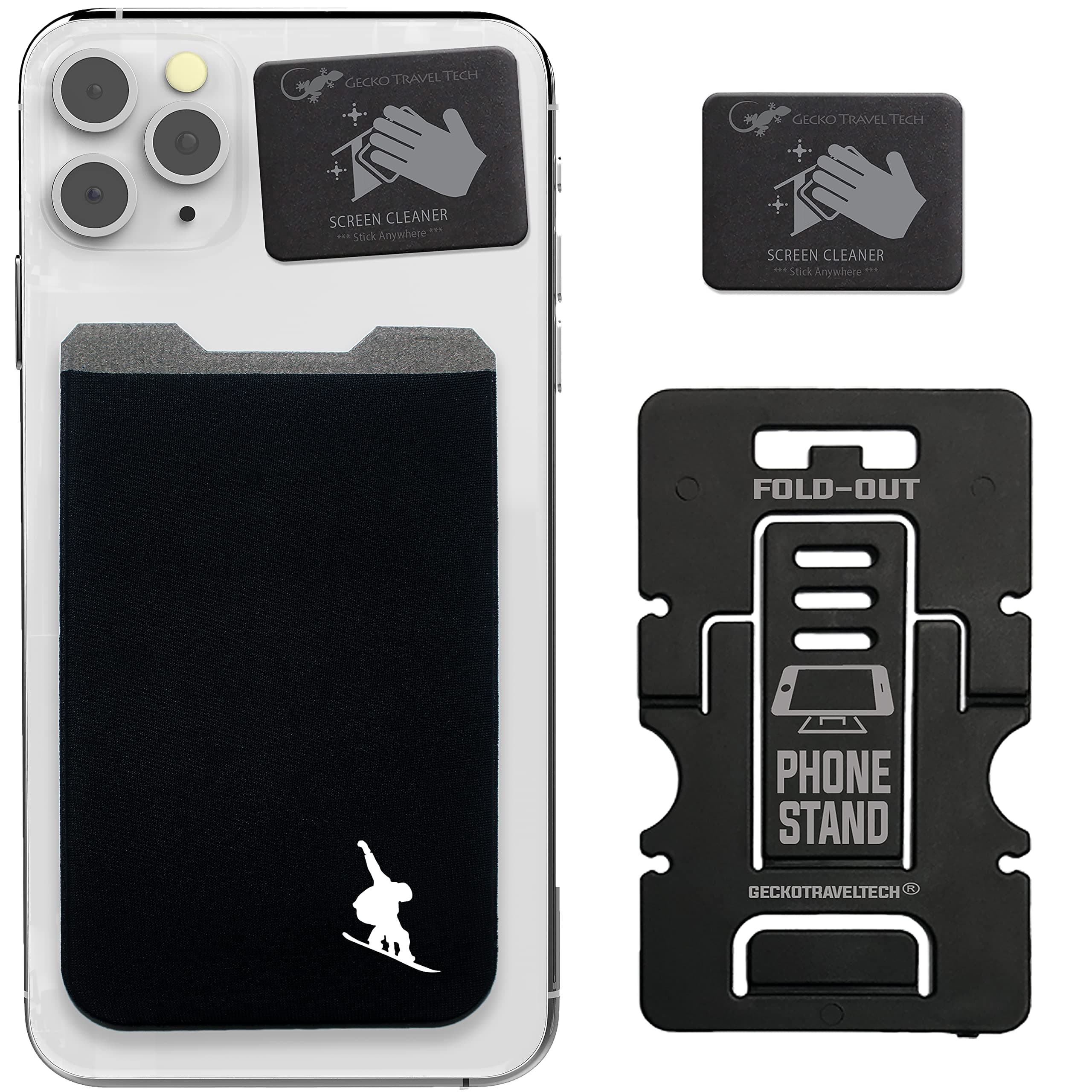 Gecko Stick On Phone Wallet - Snowboard Phone Wallet Stick On - Adhesive Phone Accessories with Bonus Stand & Screen Cleaner