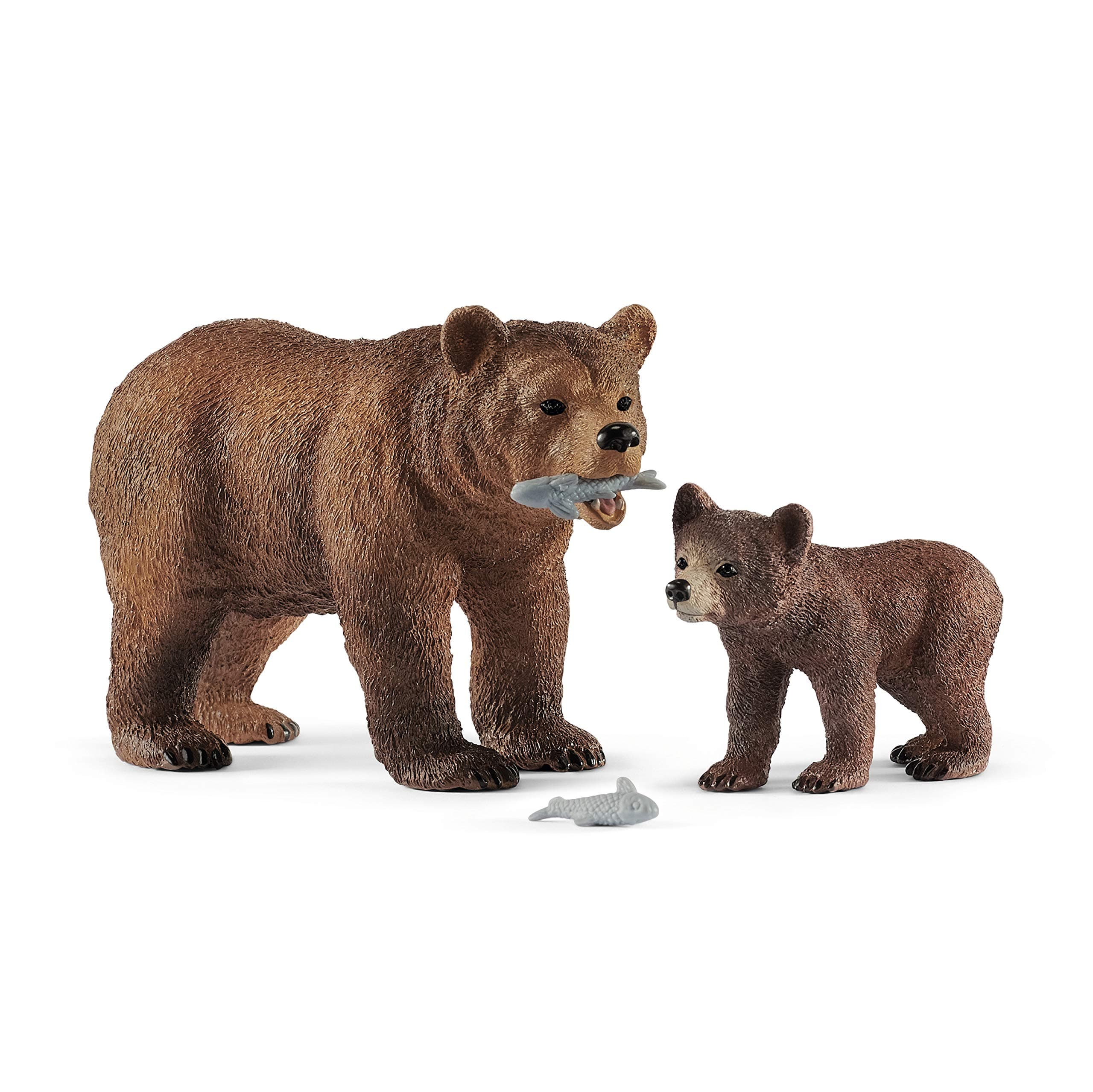Schleich Wild Life, 4-Piece Playset, Animal Toys for Kids Ages 3-8, Grizzly Bear Mother with Cub and Fish, Multicolor (42473n)