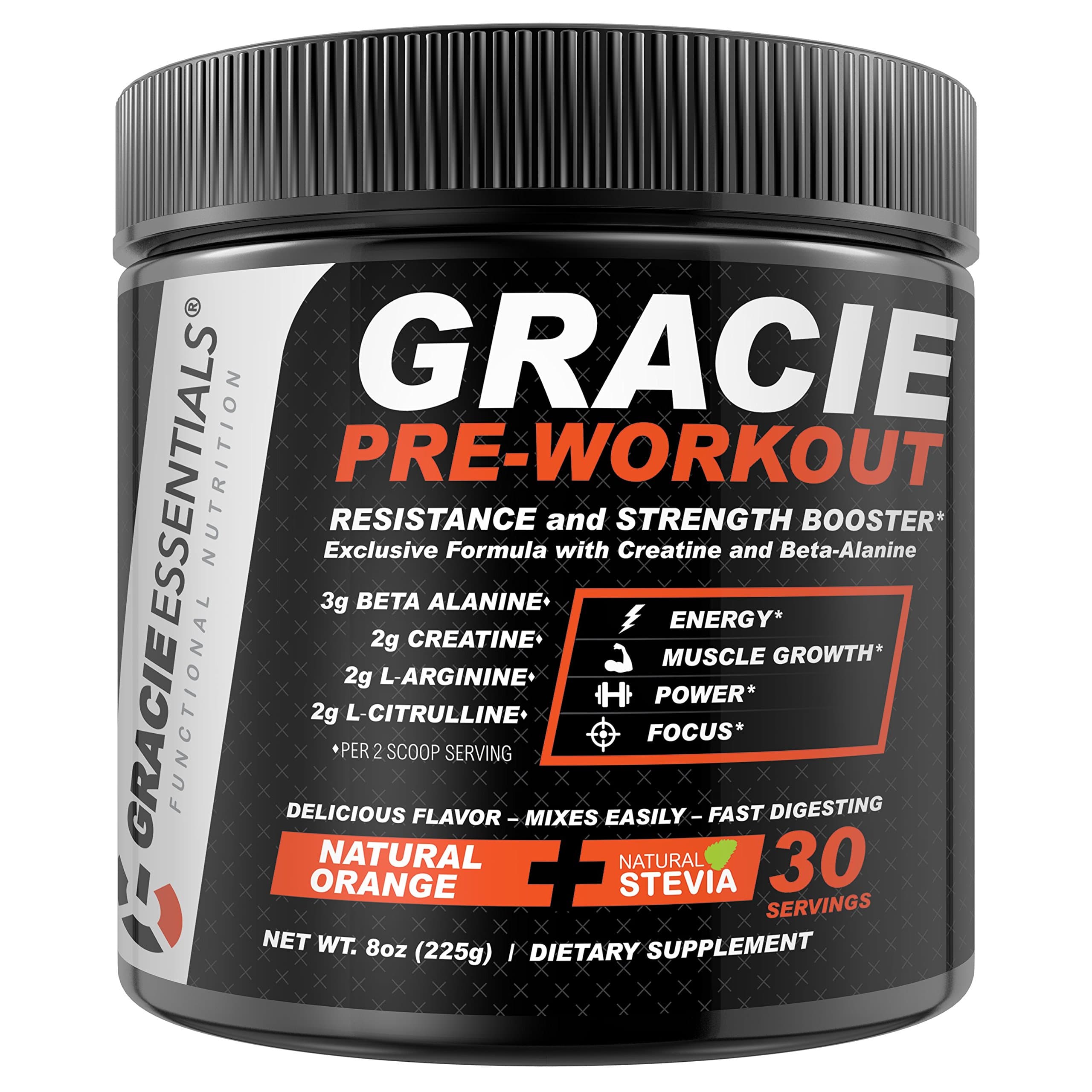 Gracie Essentials Pre Workout Powder Dietary Supplement 30 Servings for Men & Women with Natural Orange Flavor | Improve Energy & Efficiency, Promote Muscle Growth, Increase Power & Mental Clarity
