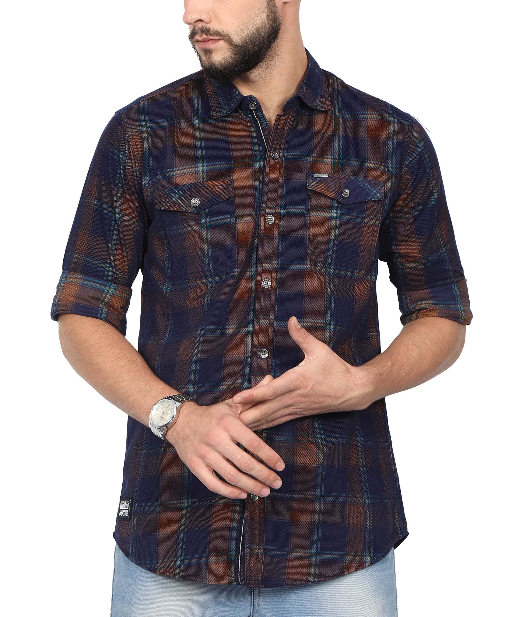 NORTH REPUBLIC Men's Rust Corduroy Checks Cotton Full Sleeves Stylish Casual Shirt