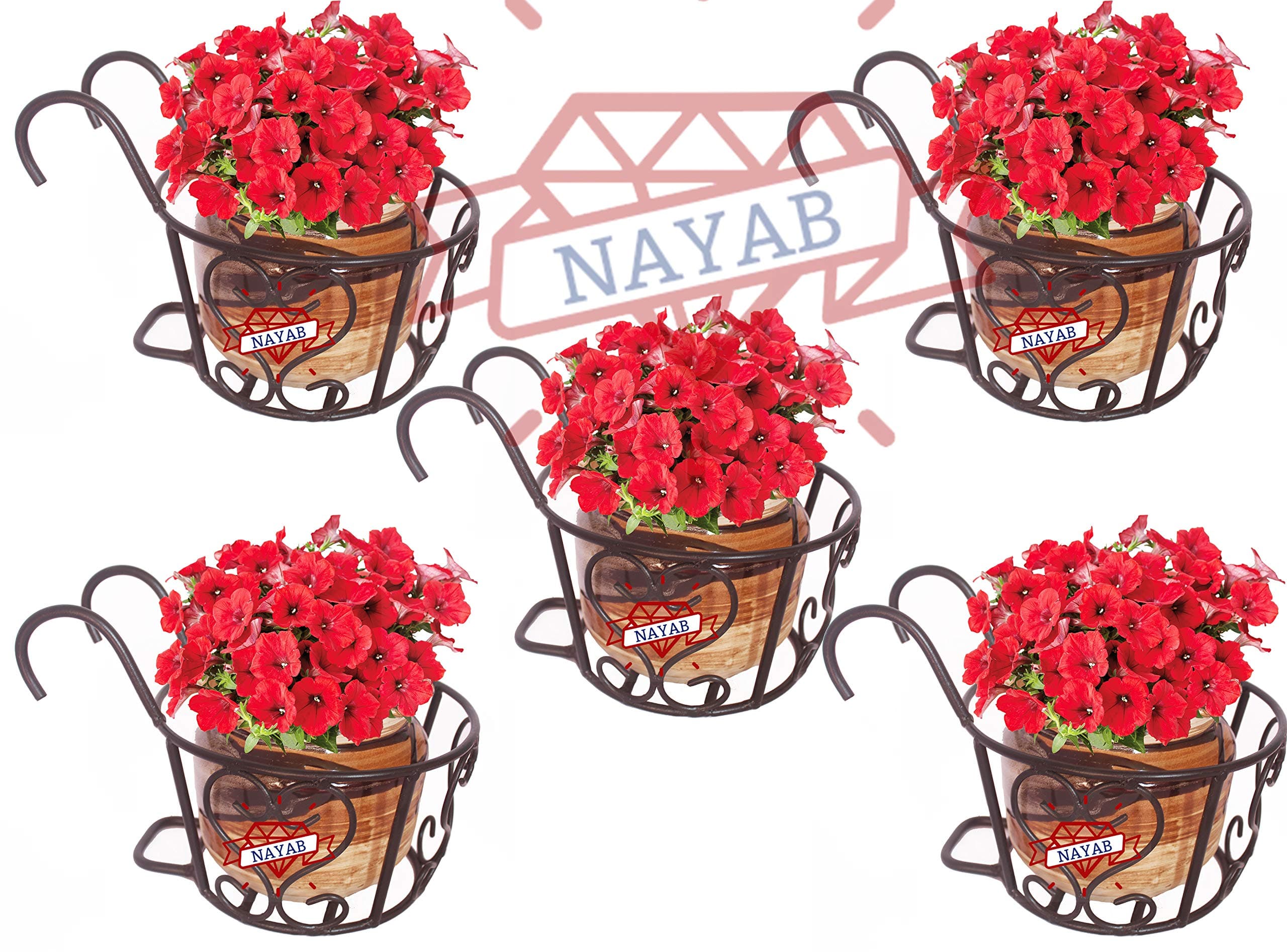 NAYAB Vintage Design Flower Pot Plant Stand Hanging Planters Basket for Railing Fence Wall Balcony Vertical Garden Home Indoor Outdoor 1 Piece (Black Medium - 5 Pcs)