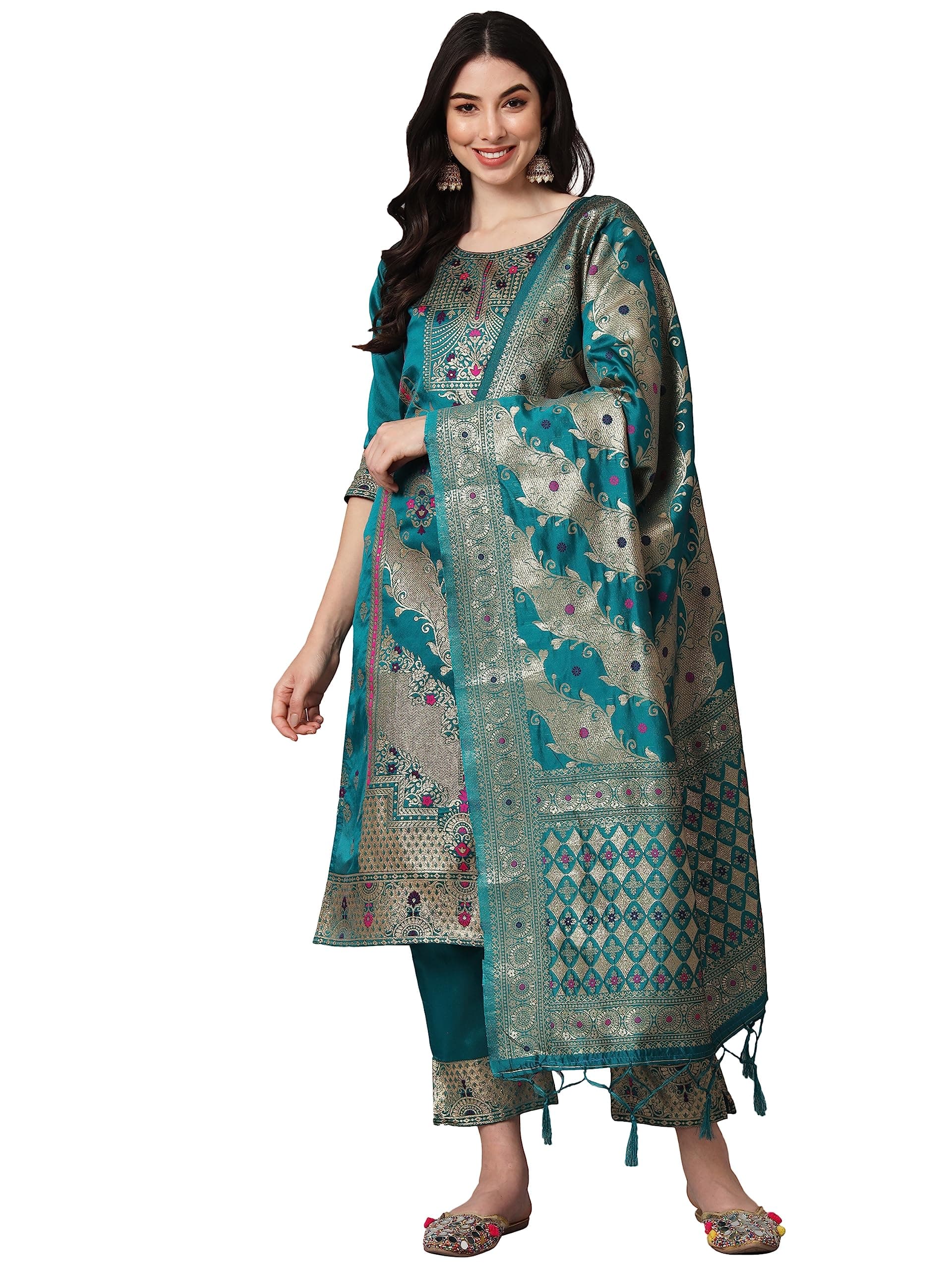 VredeVogelWomen'S Cotton Silk Jacquard Kurta Set