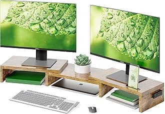 Dual Monitor Stand Riser, Desktop Monitor Stand with Smartphone Holder, Adjustable Length & Swivel Angle Wooden Desktop Organizer Stand PC Riser for PC Monitor Laptop Printer, Rustic Brown