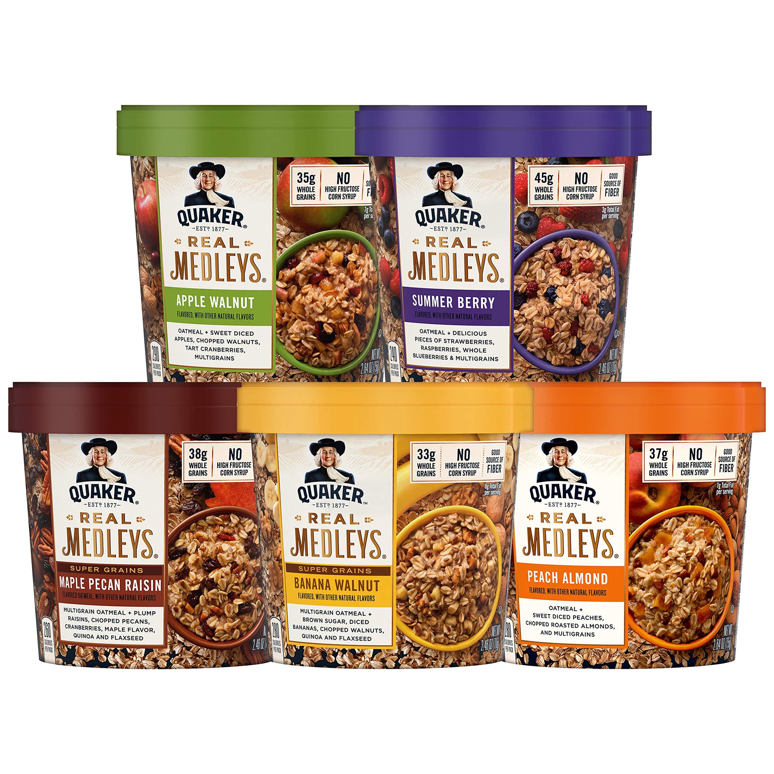 Quaker Real Medleys Oatmeal+, 5 Flavor Variety Pack, Oatmeal Cups, 2.46 Ounce (Pack of 12)