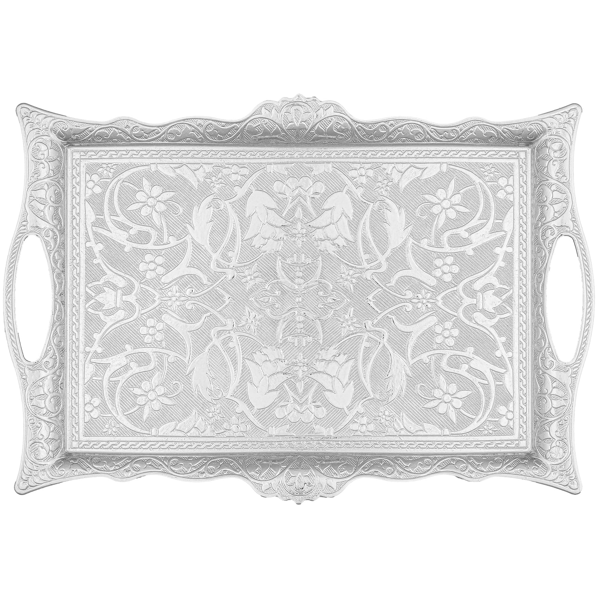 Alisveristime Ottoman Turkish Zamak Serving Tray with Traditional Motifs, Ideal for Coffee and Tea - Six Person Tray (14.5 x 9.85 in) (Silver)