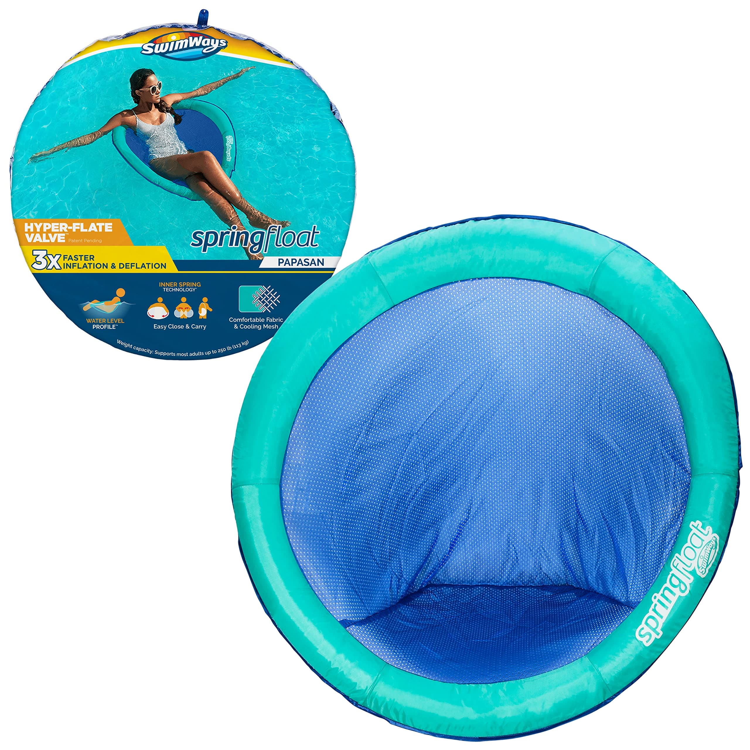SwimWays Spring Float Papasan Pool Lounger with Hyper-Flate Valve, Inflatable Pool Float, Aqua