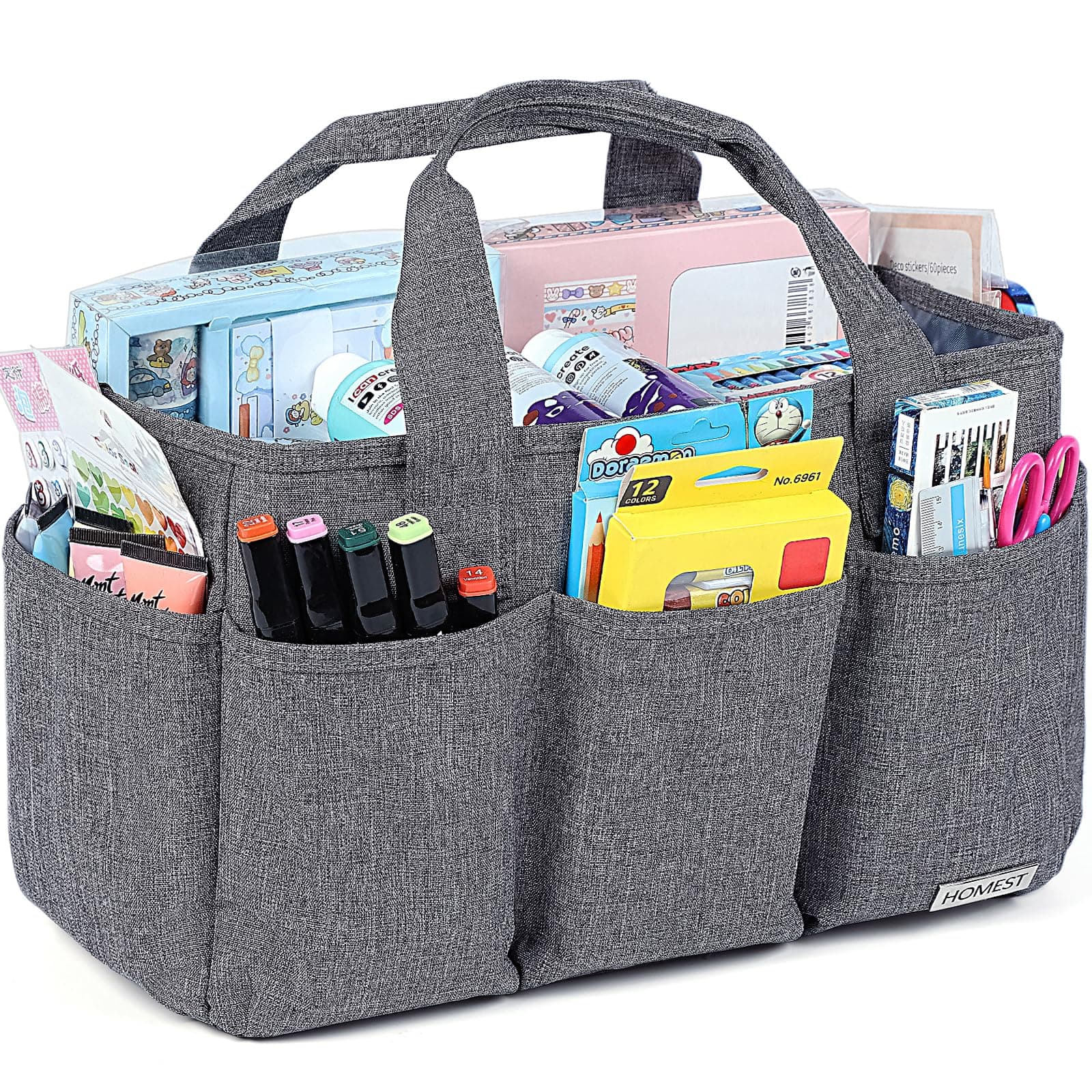 HOMEST Craft Organizer Tote Bag with Multiple Pockets, Storage Art Caddy for Scrapbooking, Crafts Supply Carrier for Tool, Gray