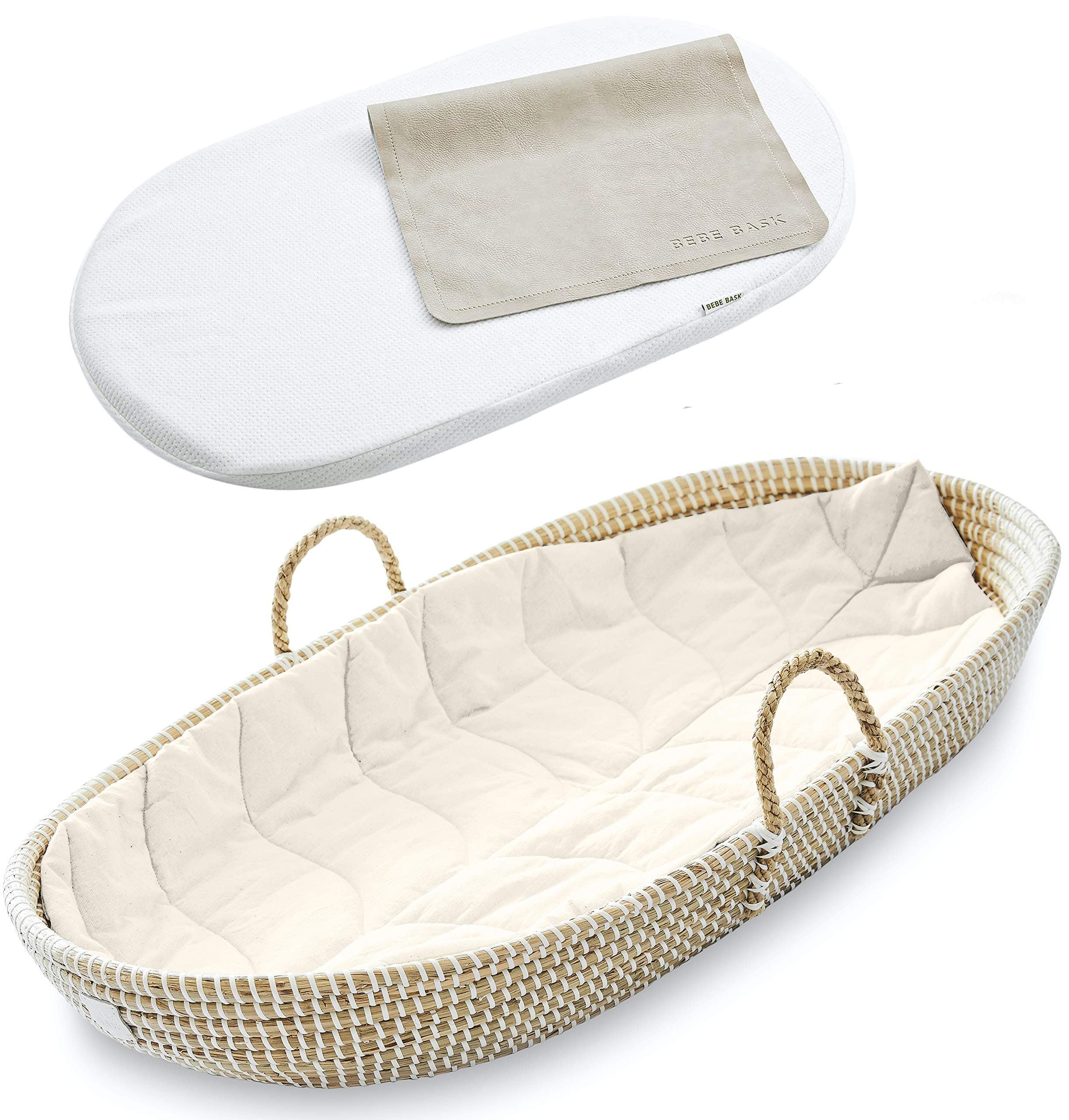BEBE BASK Premium Baby Changing Basket - Artisan-Crafted Seagrass - Rope Handles - Changing Basket for Baby Dresser - All Accessories Included - Complete Set for Nursery (Natural)
