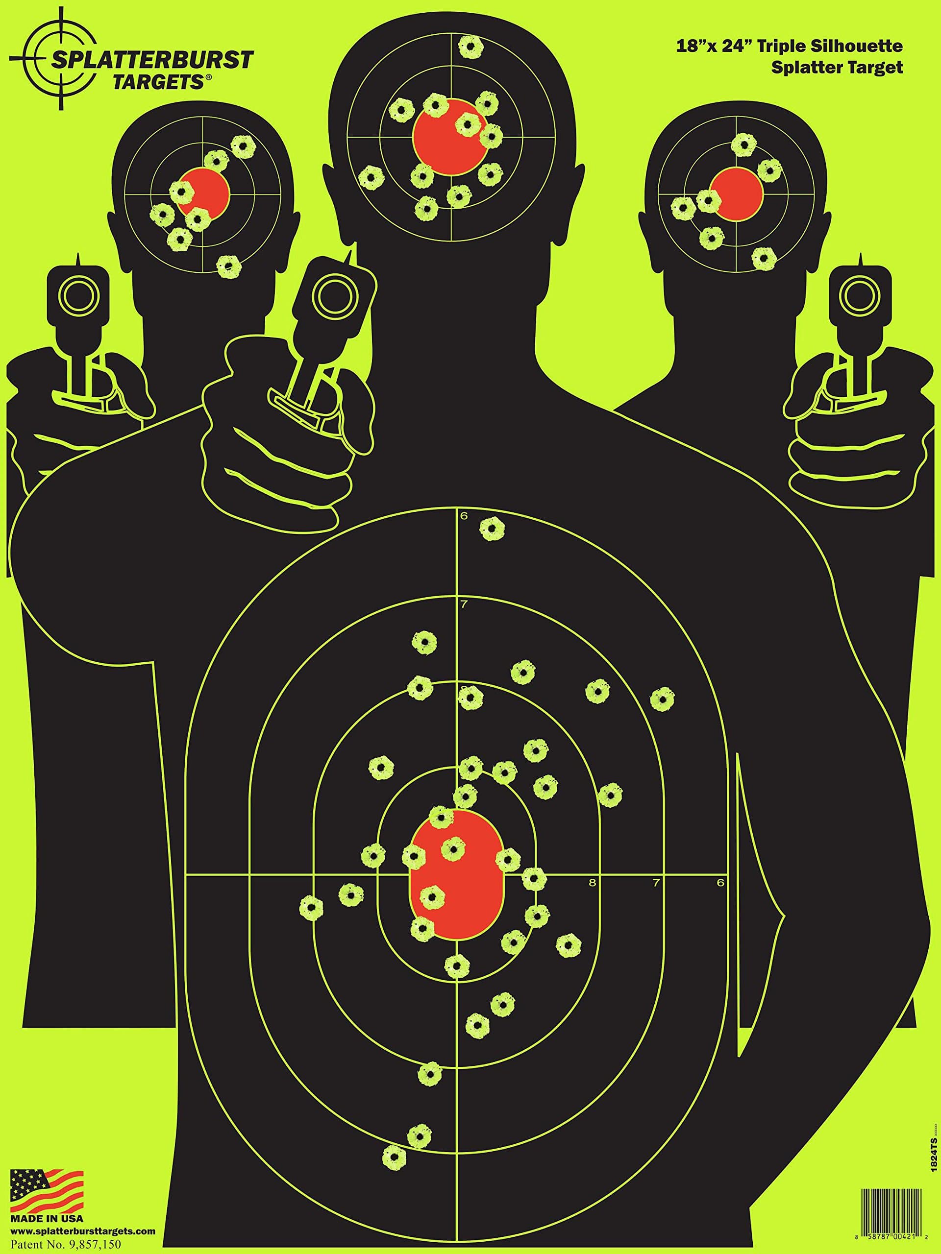 Splatterburst Targets - 18 x 24 inch - Triple Silhouette Splatter Target - Easily See Your Shots Burst Bright Fluorescent Yellow Upon Impact - Made in USA